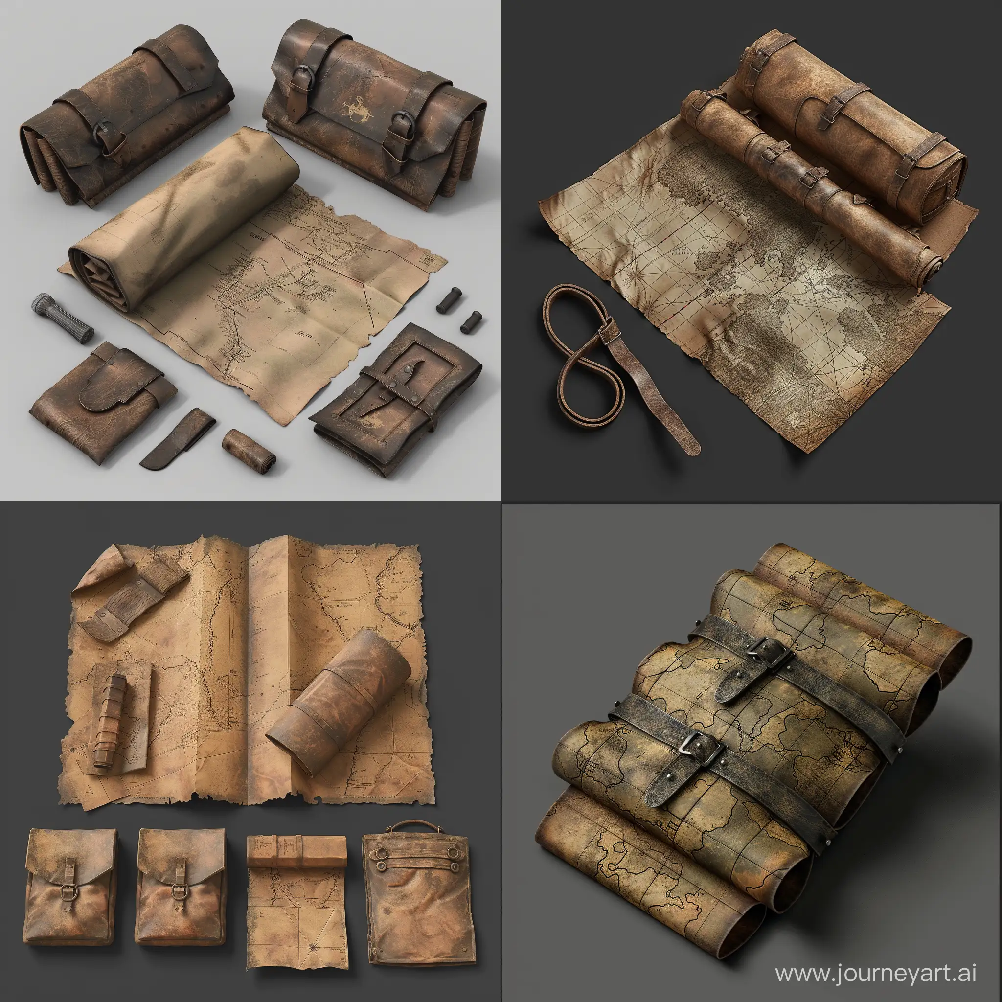 isometric military mapping cartographic set folded paper small thin mini long opened tactical aged leather pouch folder, 3d render, stalker style
