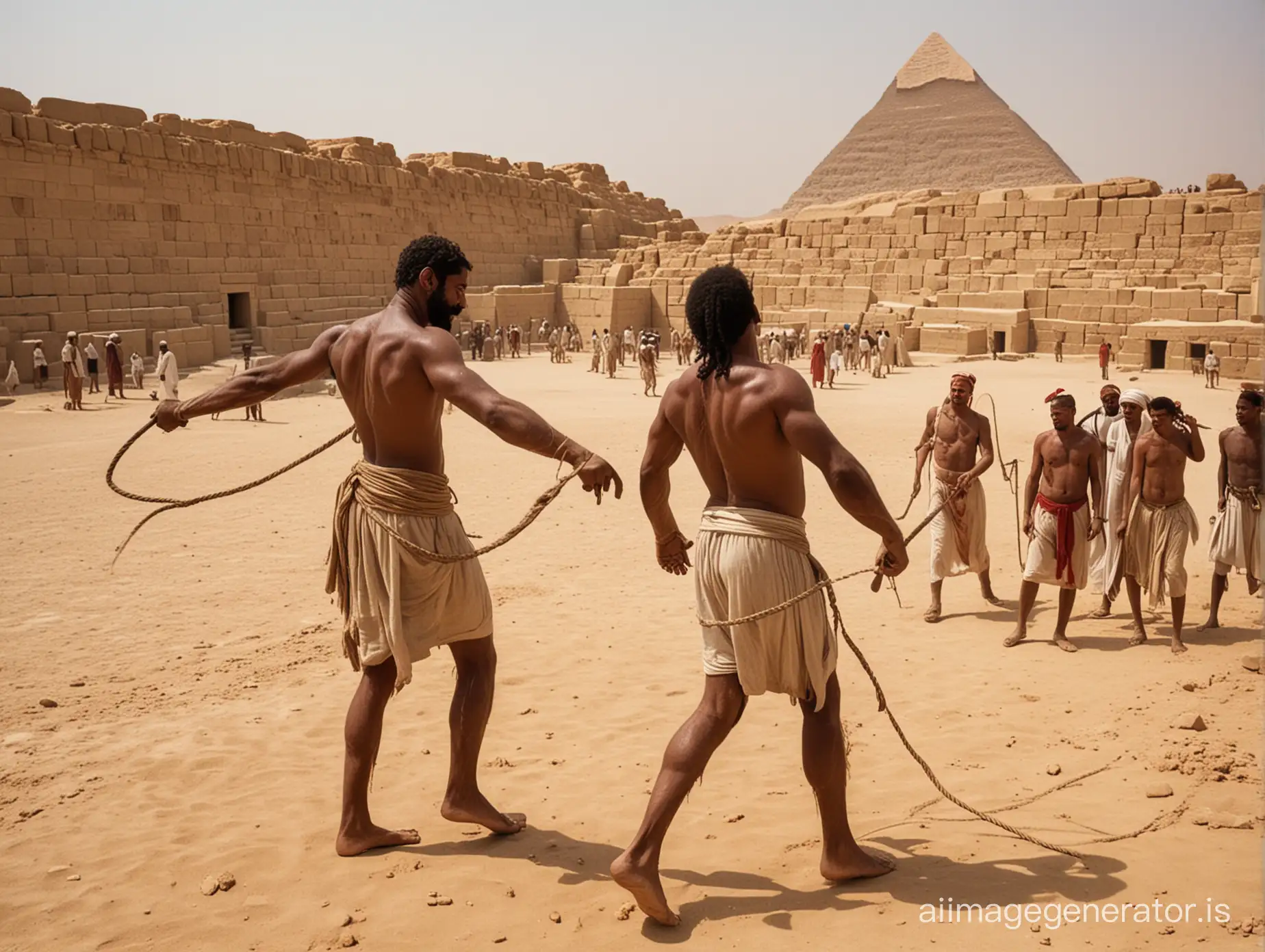  In ancient Egypt, a Jewish slave is whipped by a guard. Only the slave's back is visible. The whip causes bloody welts on his back. The blood is flowing. A pyramid construction site in the background.