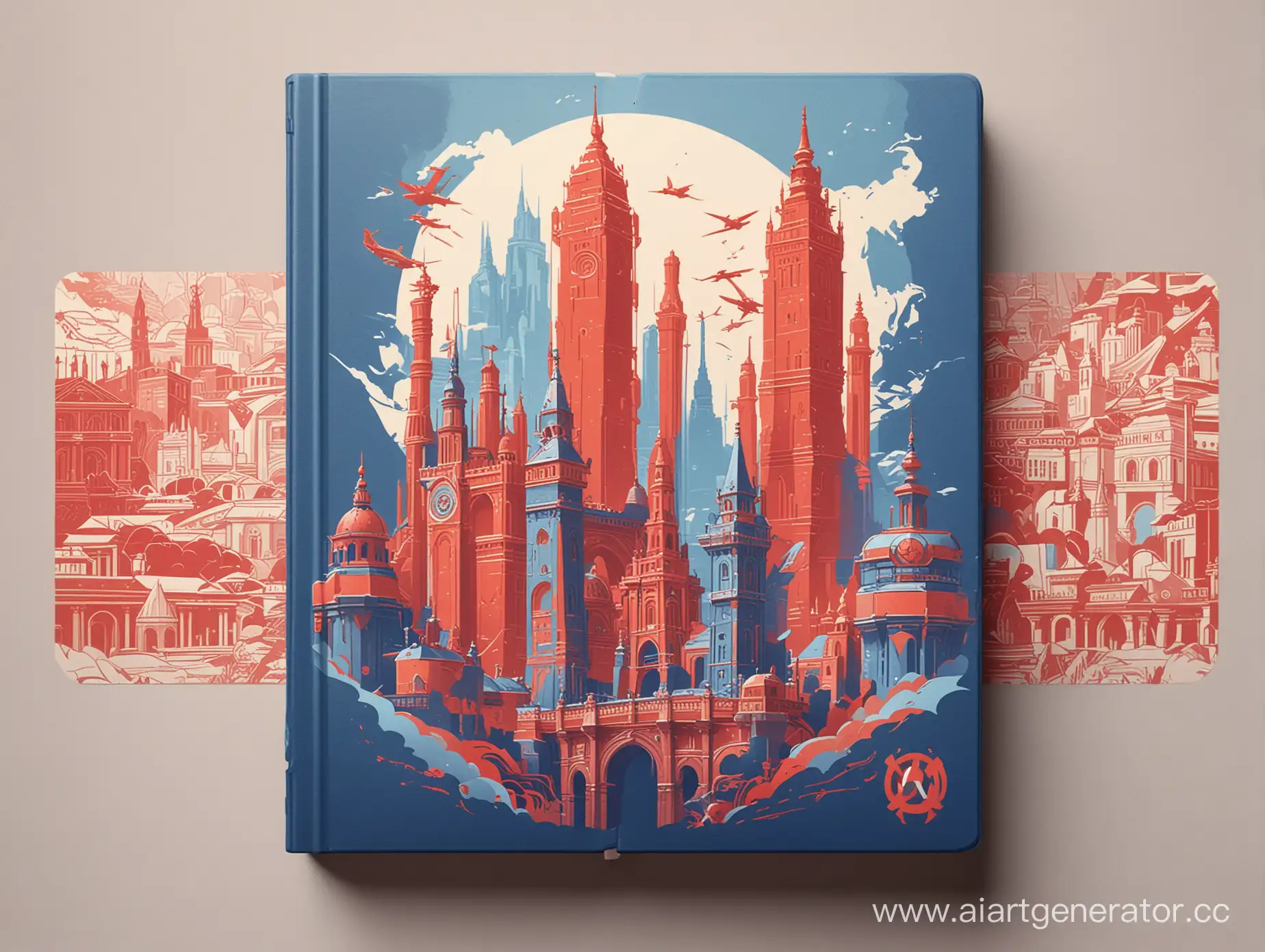Обложка для книги про путешествия в синем и красном цветах в стиле  Overwatch 2 с достопримечательностями мира