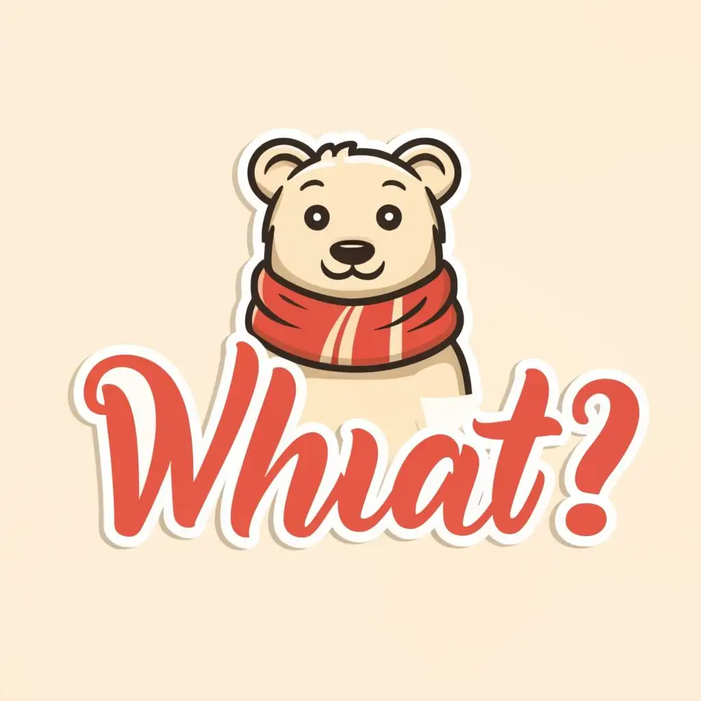 logo, Excuse white bear with a red scarf, with the text "What?", typography, be used in Retail industry