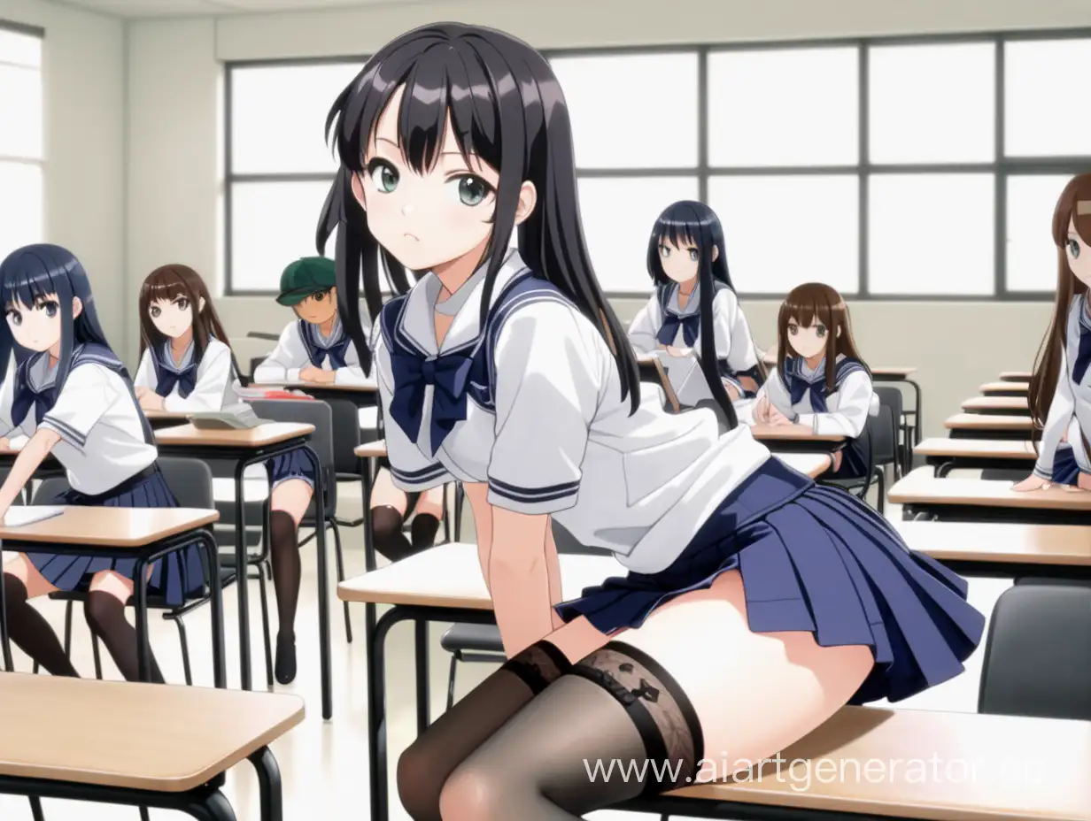 аниме студентка в мини-юбке чулках в классе в позе наезднице 