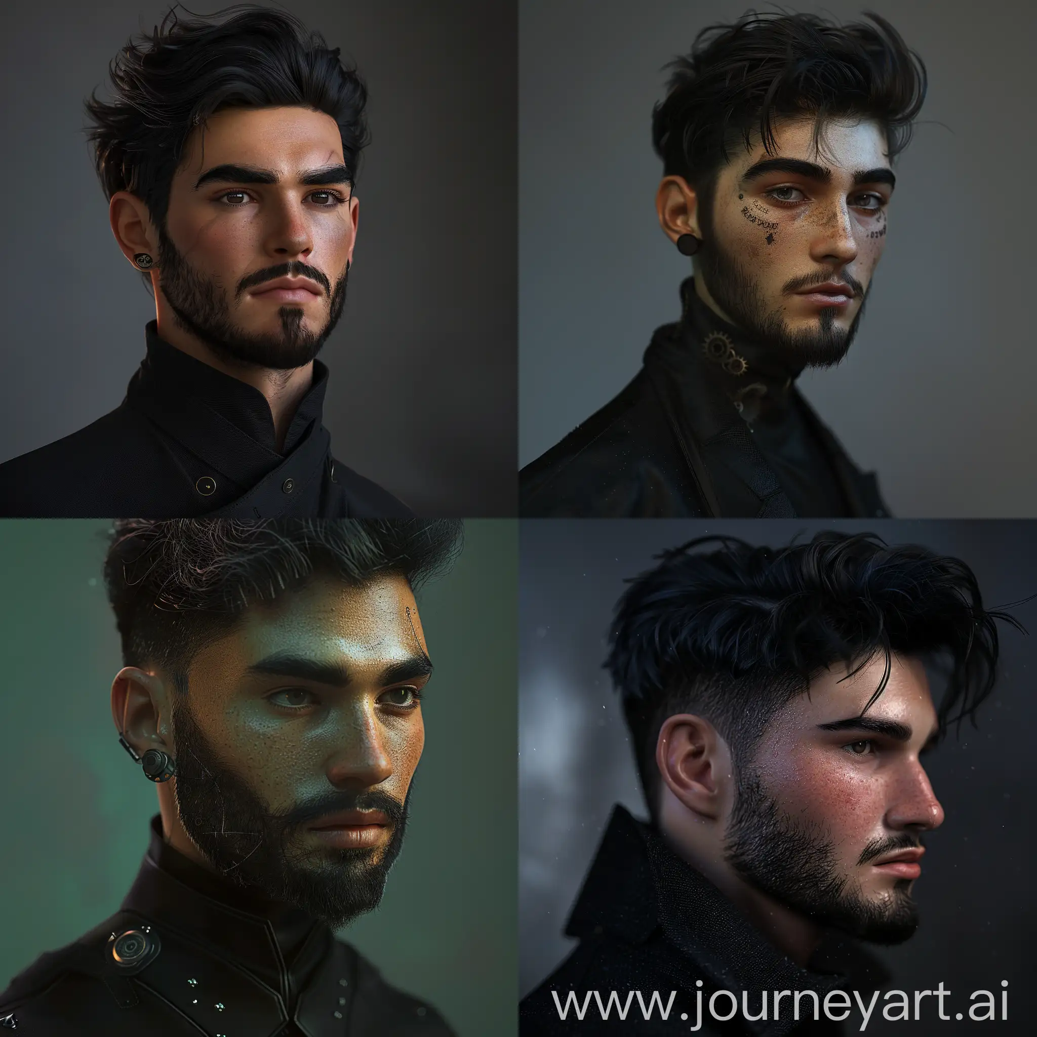 Realistic Photo, 3D, Picture, A Young Man In His Twenties, Both Handsome And Robust, He Has Black Hair With A Short Beard, Black Beard, Detailed Face, And Black Eyes. Steampunk Man, Gentle Man, Wearing A Black Suit, Fantasy, HD Photograph, Masculine, Steampunk Background, 8k, 4k, Detailed Face, Detailed Body