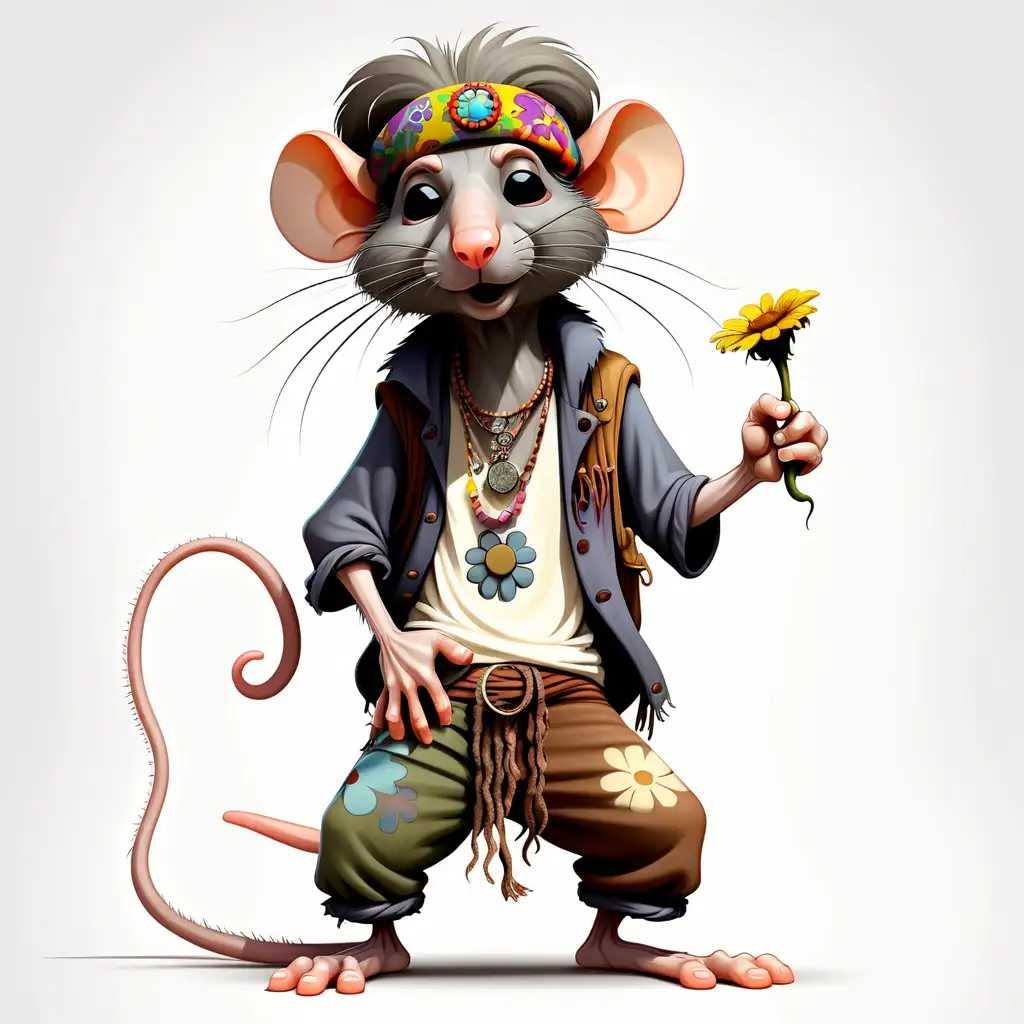 Whimsical Rat Hippie in Vibrant Cartoon Style Quirky Full Body Illustration on White Background