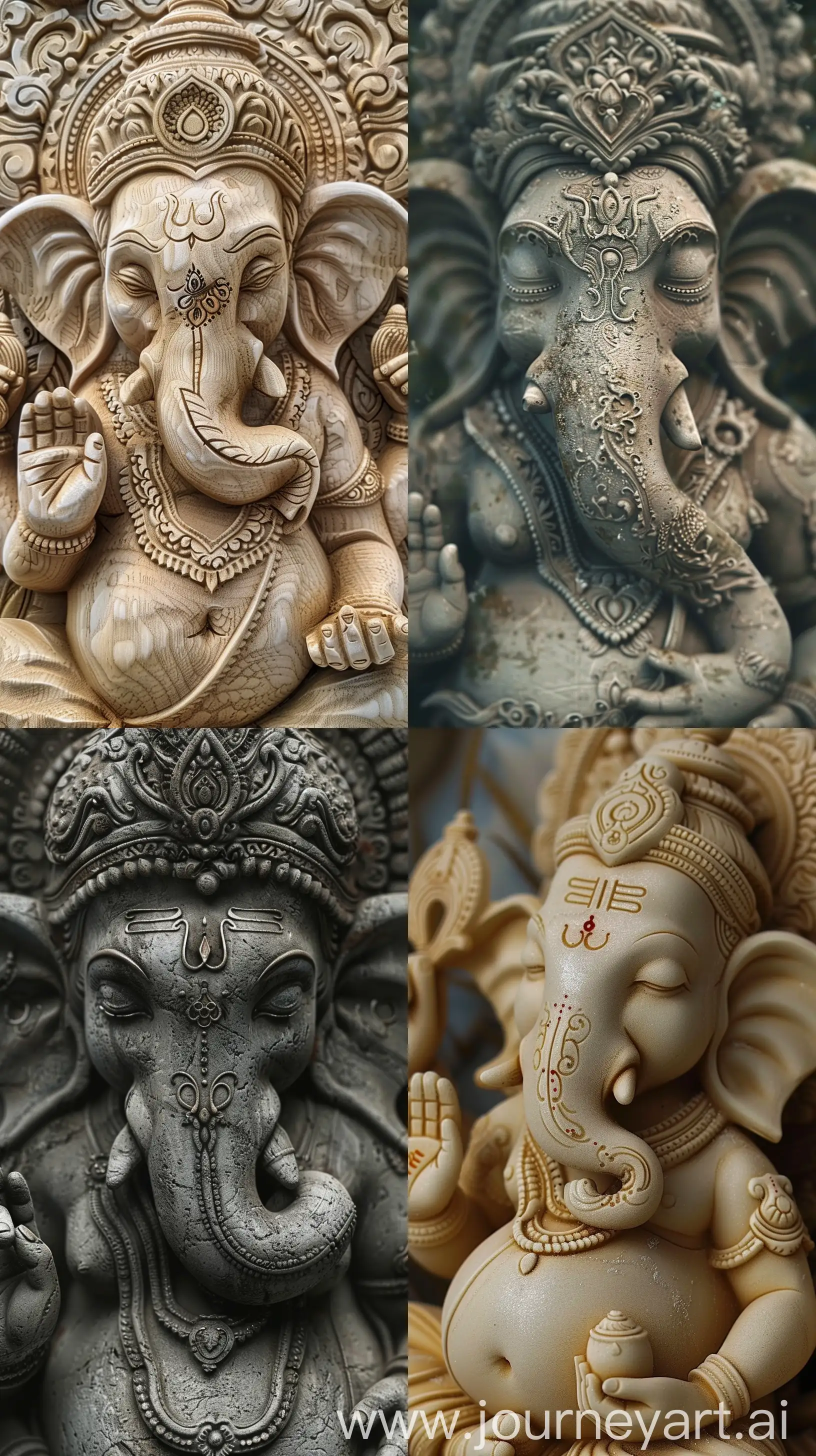 Images depicting a satisfied look on the face of Lord Ganesh, relaxed eyebrows, closed eyes, one hand on his belly, intricate details, 8k quality images --ar 9:16 --v 6
