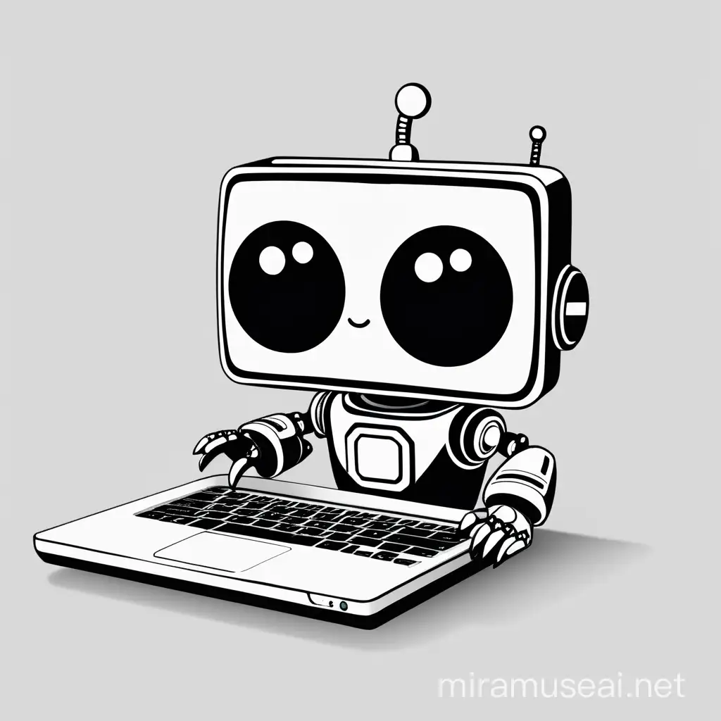 Adorable Monochrome Laptop Robot Engaging in Technology Fun