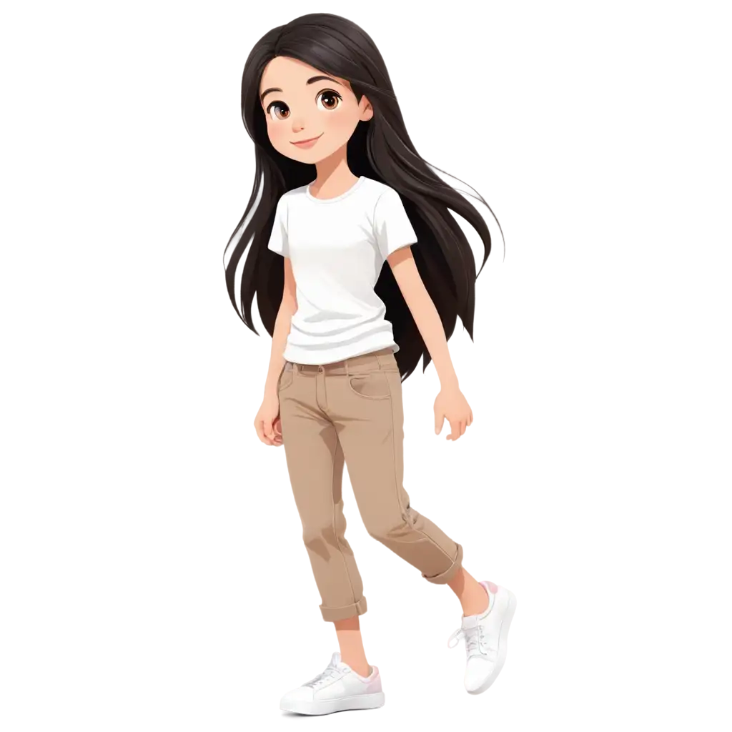 Vector image, a cute character of little girl with white skin, big light brown eyes and long black hair. She is around 13 years old. she is wearing white t-shirt and pink pants, and white shoes.