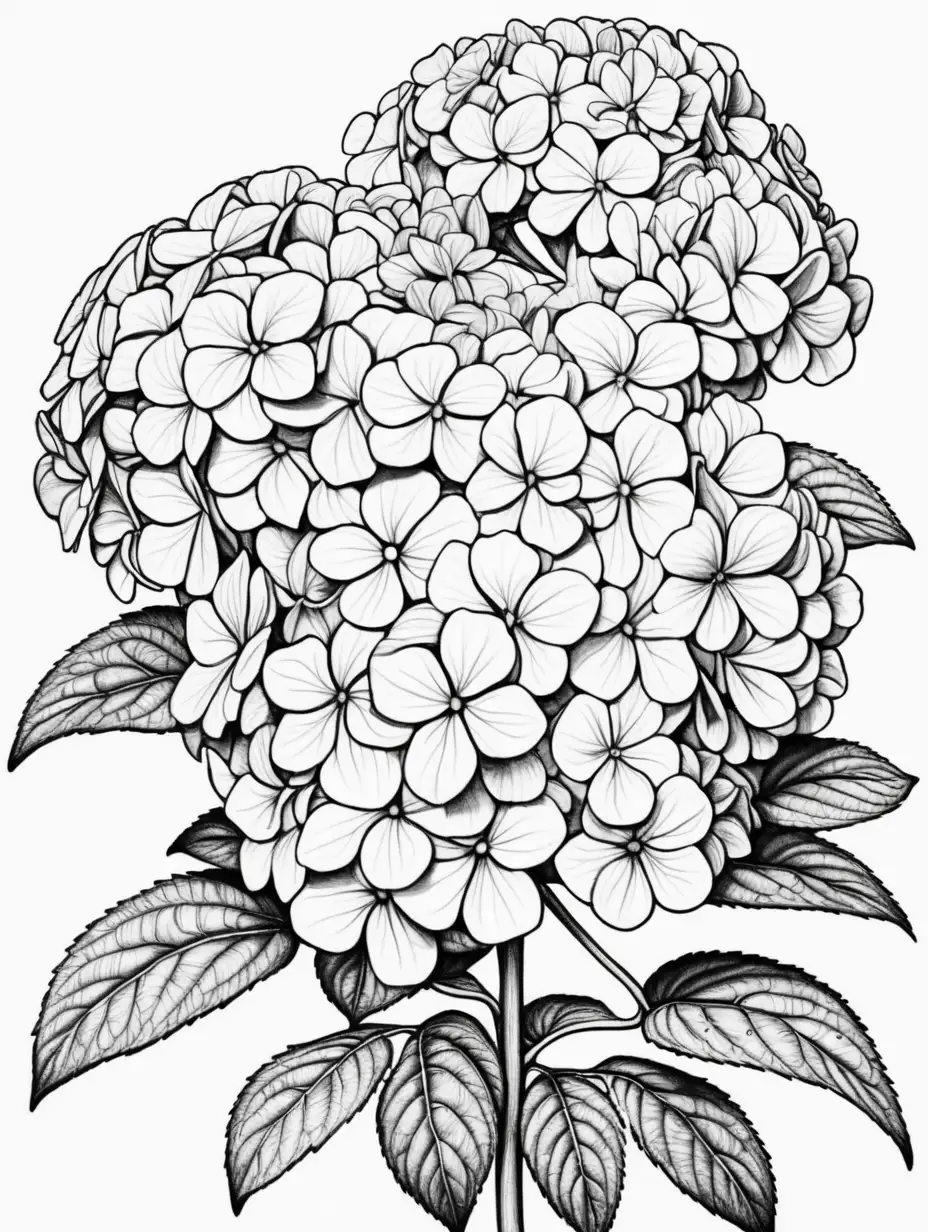 A beautiful big Hortensia flowers filling the entire page, black and white coloring page, cartoon style, thin lines, few details, no background, no shadows, no greys