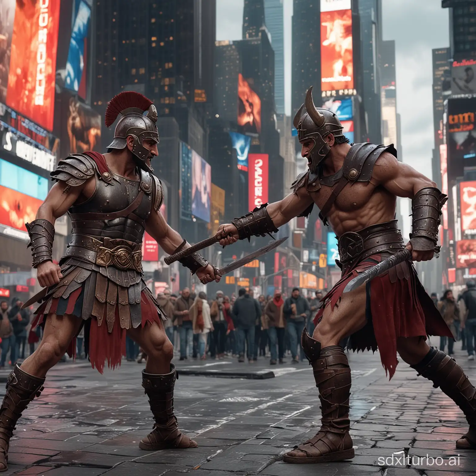 Roman gladiator fighting a demon in Times Square in New York, 4k resolution, ar 16:9, cinematic, super-realistic