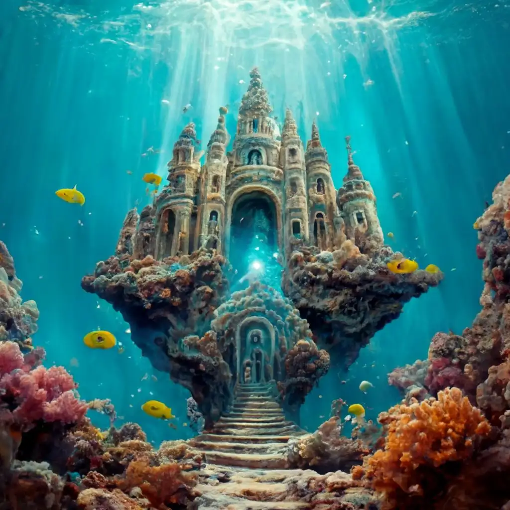 logo, Visualize the mythical, submerged city of Atlantis. Imagine it nestled deep beneath the ocean, its ancient, ornate architecture unspoiled by time. Coral reefs have taken root on the sunken buildings, creating a vivid contrast of color against the stone structures. Schools of colorful fish dart in and out of abandoned doors and windows. Brilliant shafts of sunlight peek through the water surface, casting shimmering light on the lost city below., intricate detailed , clear white background, no words,    , Contour, Vector, White Background, no words, ultra Detailed image , ultra sharp narrow outlined image, no jagged edges, very vibrant neon colors, no watermark, no copyright, with the text ".", typography