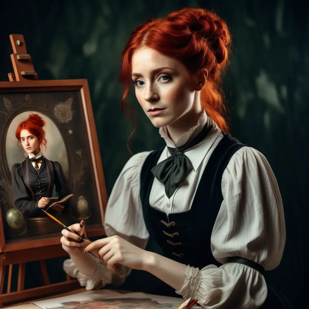 a red haired woman who is an artist and a teacher, victorian era, harry potter style