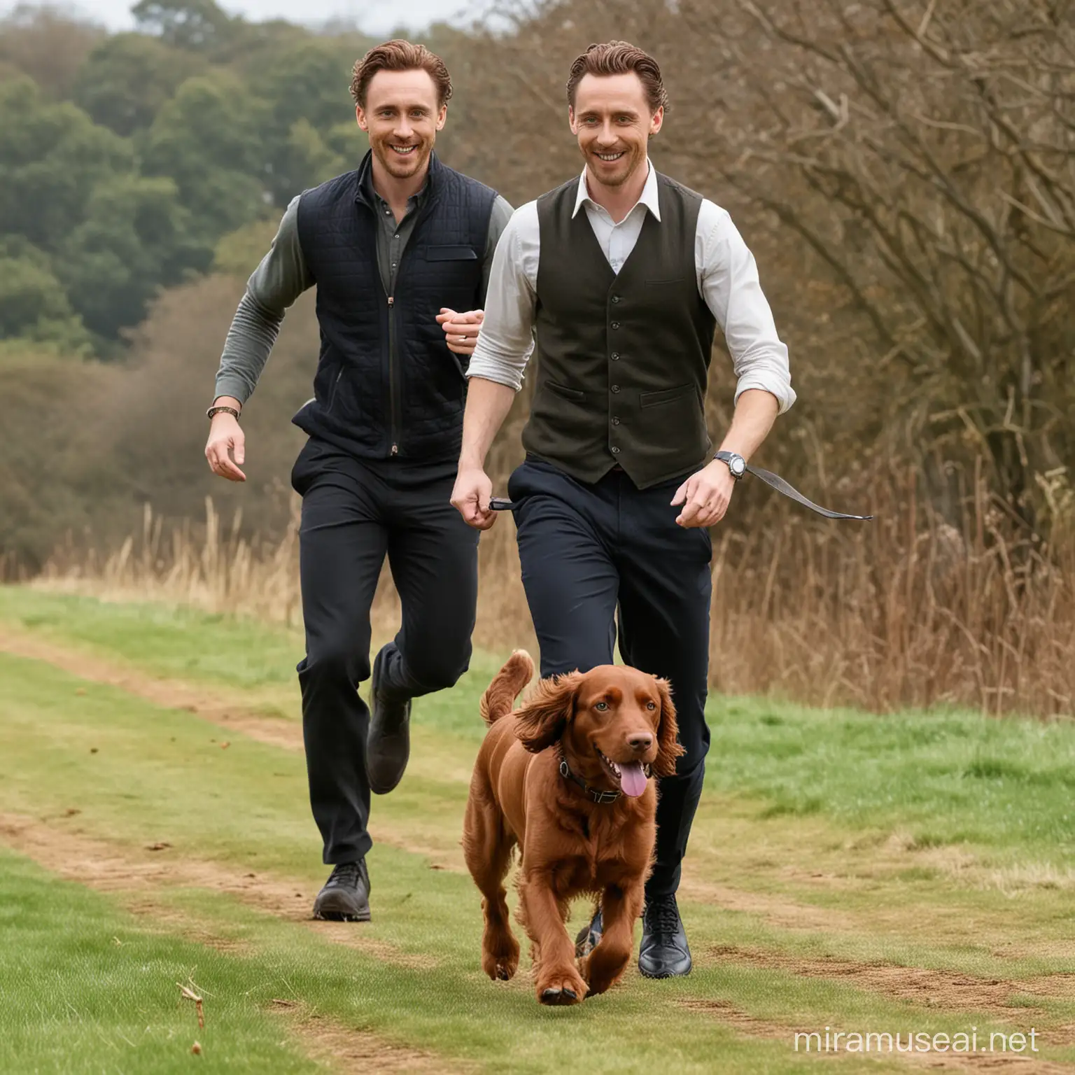 British Actor Tom Hiddleston Enjoying Playtime with a Brown Spanish Cocker Spaniel