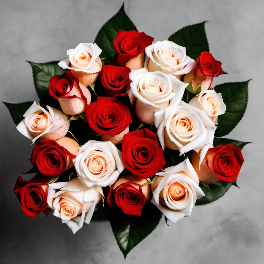 Create a flay lay with red roses, peach roses, white roses