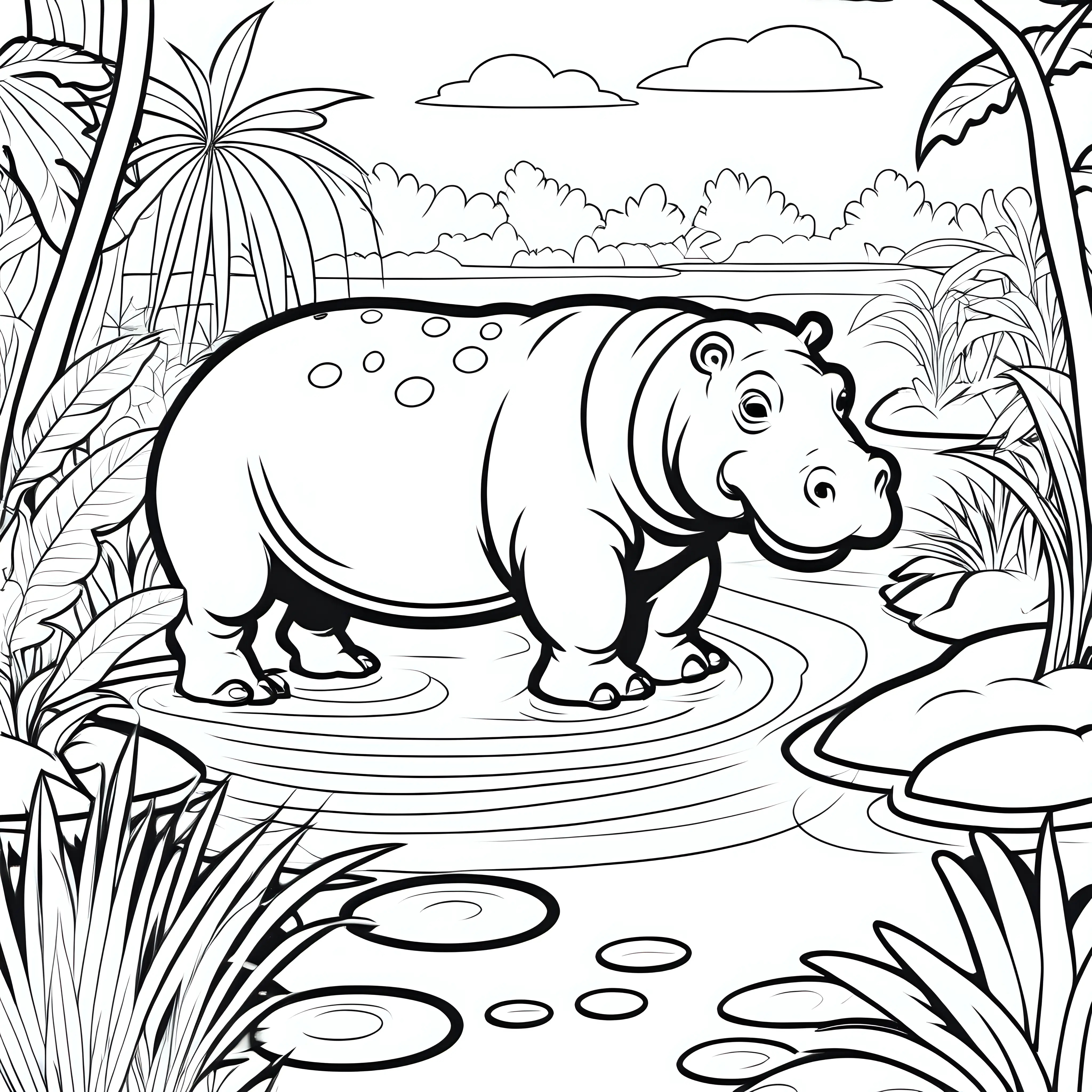 Hippopotamus Coloring Page Peaceful Scene in Garden of Eden by the Water