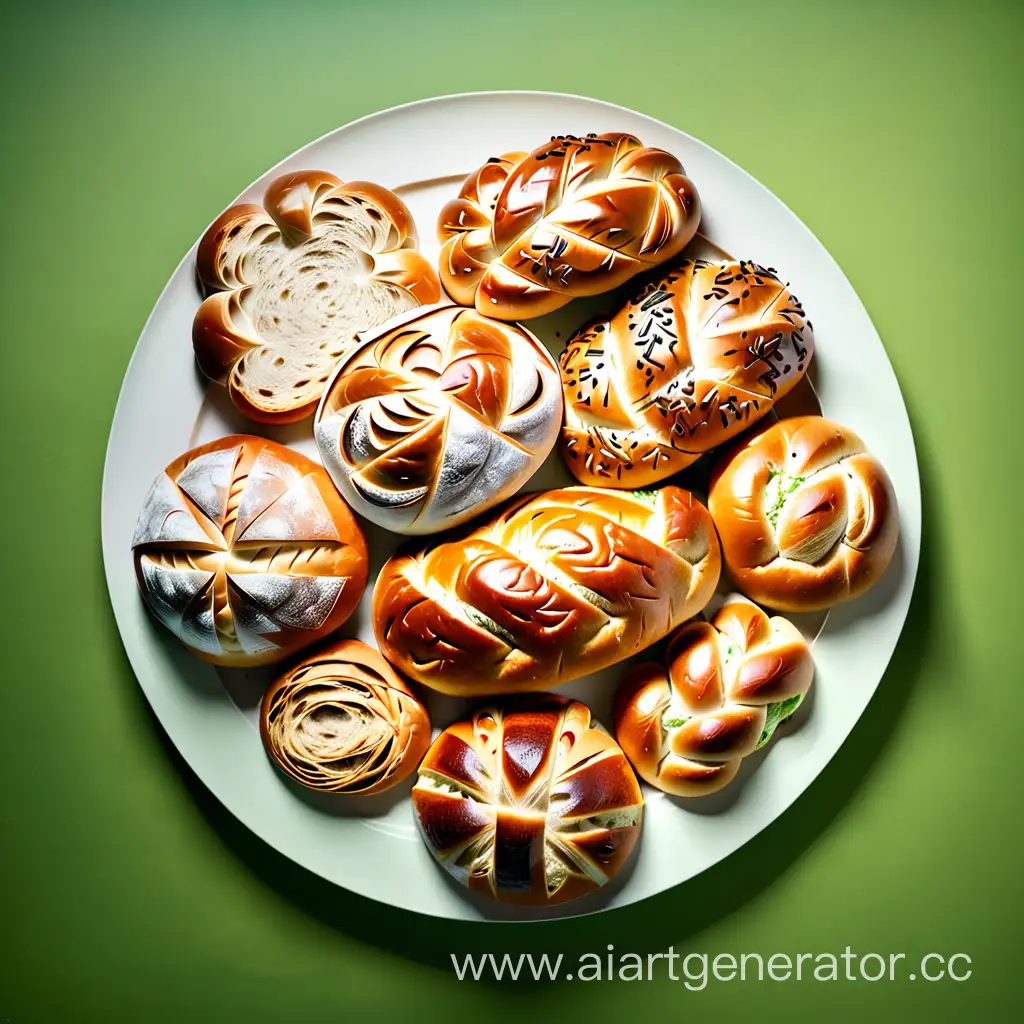 Assorted-Breads-Arranged-on-White-Plate-with-Vibrant-Green-Background