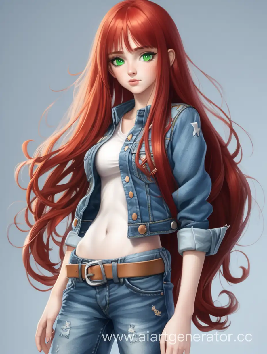 Девушка с длинными рыжими волосами и зелеными глазами, в интересном костюме джинсами