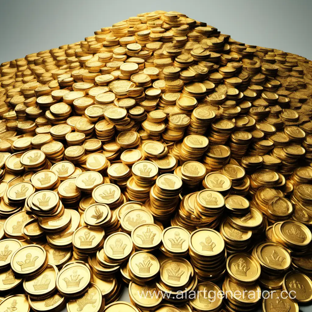 a hill of gold coins. The coins have a crown painted on them. Side view