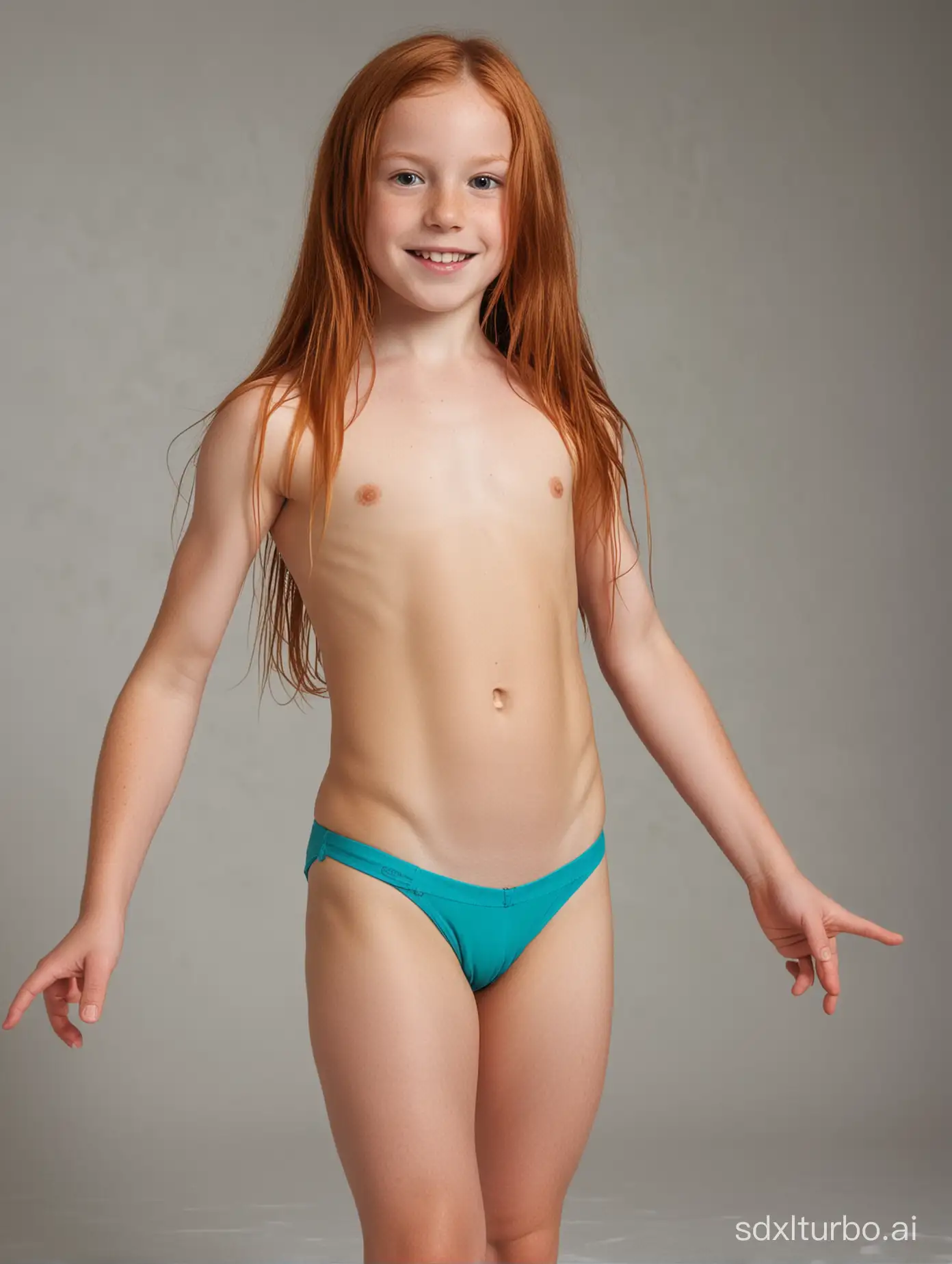 8 years old, very long ginger hair, flat chested, very muscular abs, showing her belly, string bathingsuit