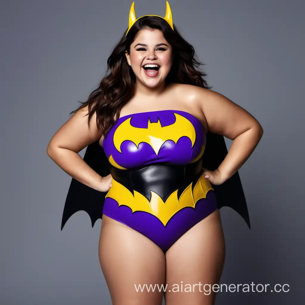 A laughing plus sized Selena Gomez wearing a purple and yellow Batgirl bikini with a grey background