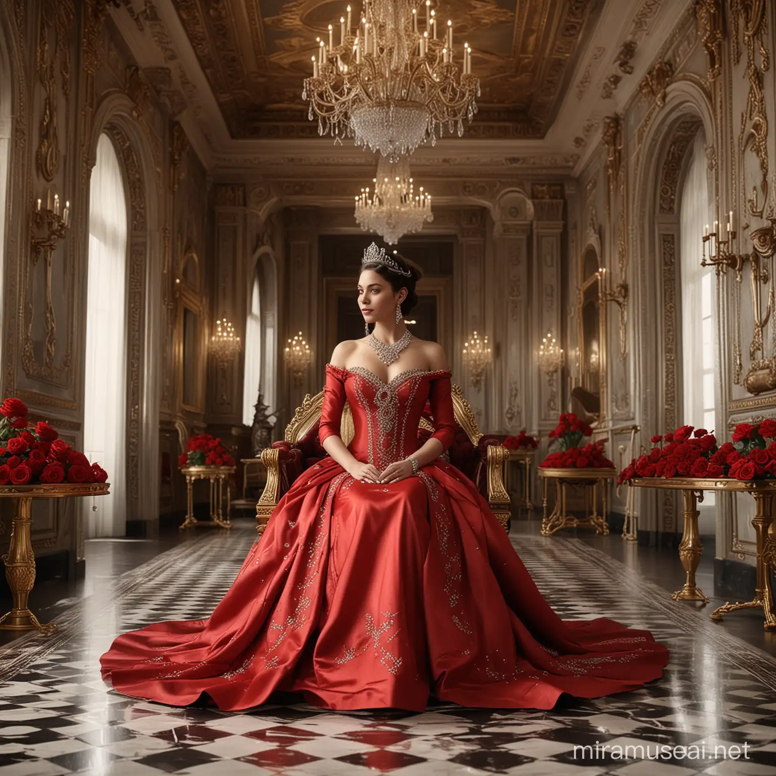 For an image like this, you could use a prompt such as: "A hyper-realistic digital artwork of an elegant queen seated on a throne, with an Afrofuturistic theme. The setting is a grand hall with checkerboard flooring and ornate, baroque-style silver wallpaper. The queen is adorned in a luxurious red gown with a sweeping train and sparkling with jewels. Her hair is styled in an elaborate updo with braids and adorned with musical notes and red roses, symbolizing her connection to art and beauty. In the background, a stylized city skyline suggests a blend of modern urban life and timeless royalty. Surrounding the queen are chains made of music, further emphasizing her influence over the realm of sound and song. The image is detailed with a focus on reflective surfaces and intricate patterns, adding to the opulent atmosphere, 32k render, hyperrealistic, detailed. 