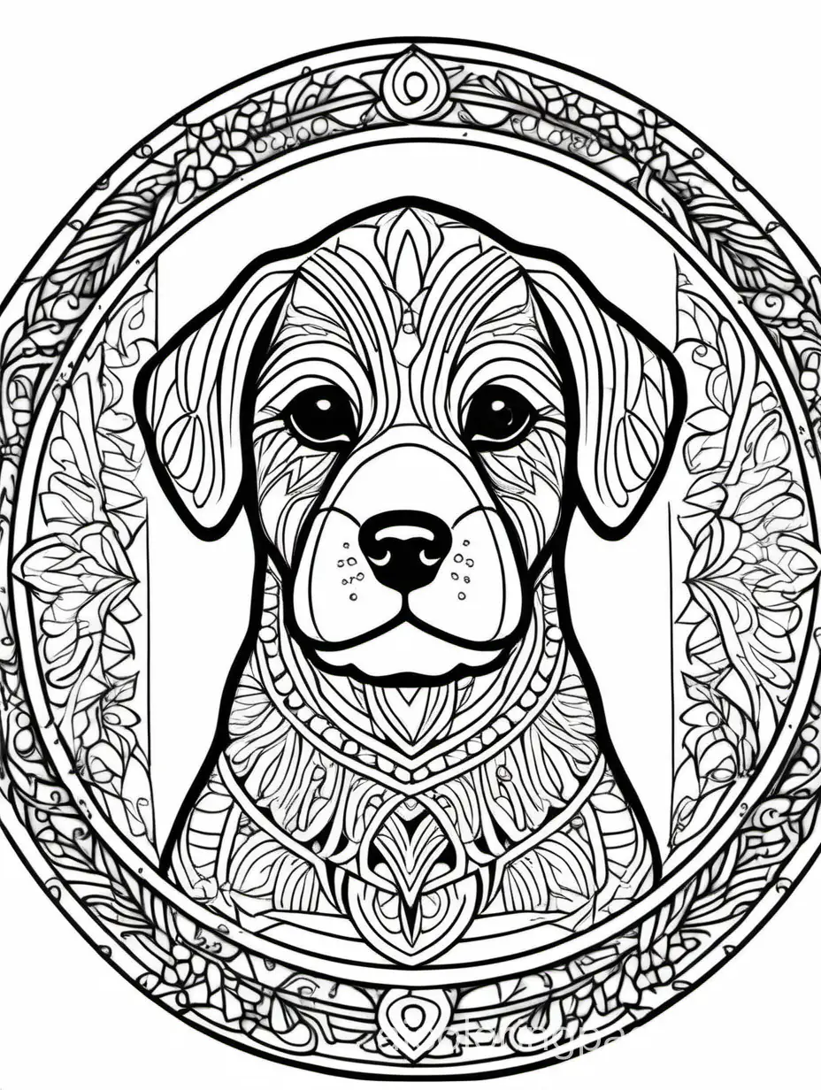 8.5 by 11 inch black and white, fine line art coloring page of a mandala in a dog shape for coloring, Coloring Page, black and white, line art, white background, Simplicity, Ample White Space. The background of the coloring page is plain white to make it easy for young children to color within the lines. The outlines of all the subjects are easy to distinguish, making it simple for kids to color without too much difficulty