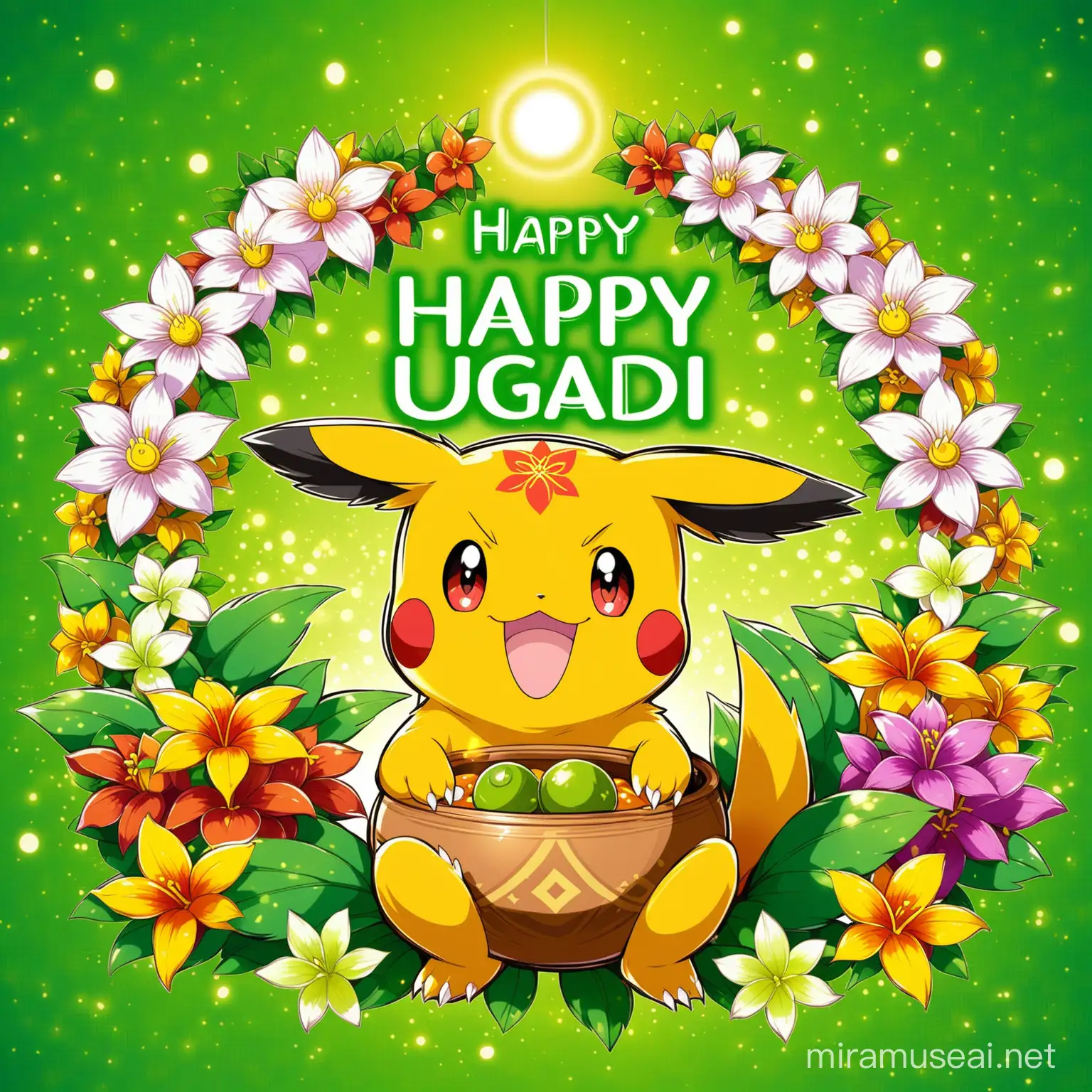 Joyful Pokemon Celebrating Ugadi Festival with Traditional Elements