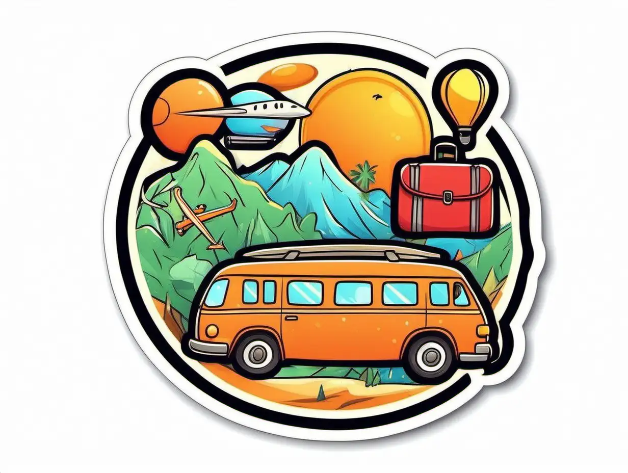 Cheerful Cartoon Travel Sticker with Warm Colors on White Background