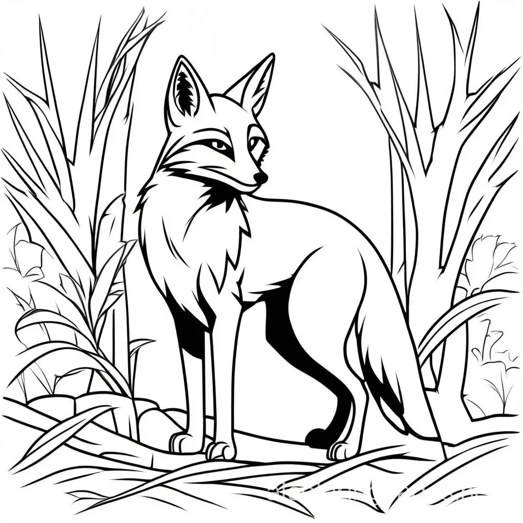 The grey fox, Coloring Page, black and white, line art, white background, Simplicity, Ample White Space. The background of the coloring page is plain white to make it easy for young children to color within the lines. The outlines of all the subjects are easy to distinguish, making it simple for kids to color without too much difficulty