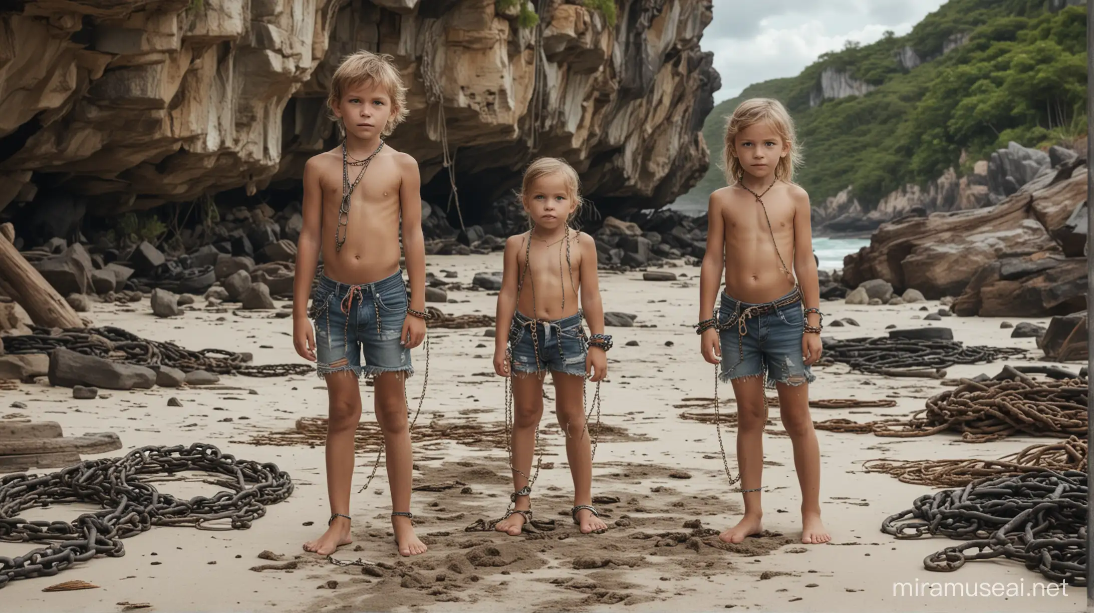 Photography,(full body photo:1.5) a skinny family with kids , bracelets and chains, in ripped and torn clothes,shipwrecked on an island, 4K