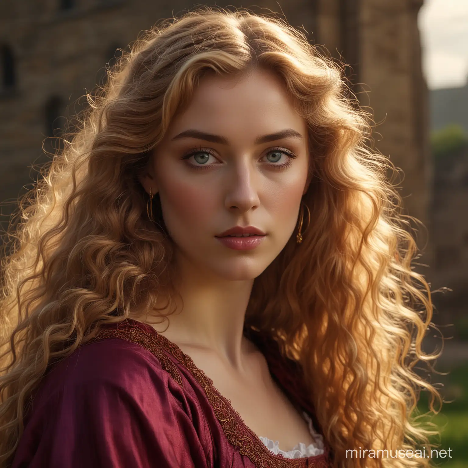 Pre-raphaelite close up portrait, photo by Dante Gabriel Rossetti, masterpiece, exquisite chiaroscuro lighting and composition, 8k, very detailed, high resolution, woman with long curly blond hair and violet eyes, delicate red attire, in a field, castle, daylight, illustration, artstation, concept art, smooth, sharp focus, award winning work