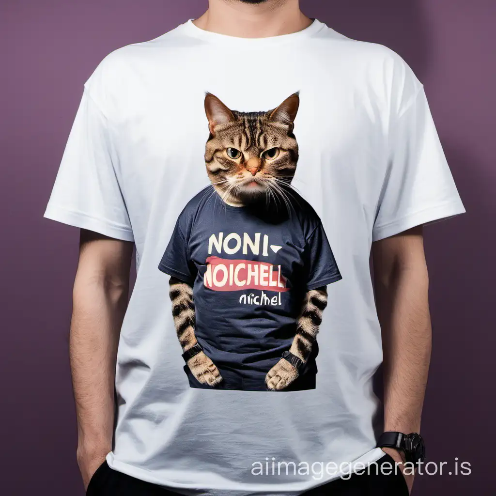 The cat gigachad is standing in a T-shirt with the print NONICHEL