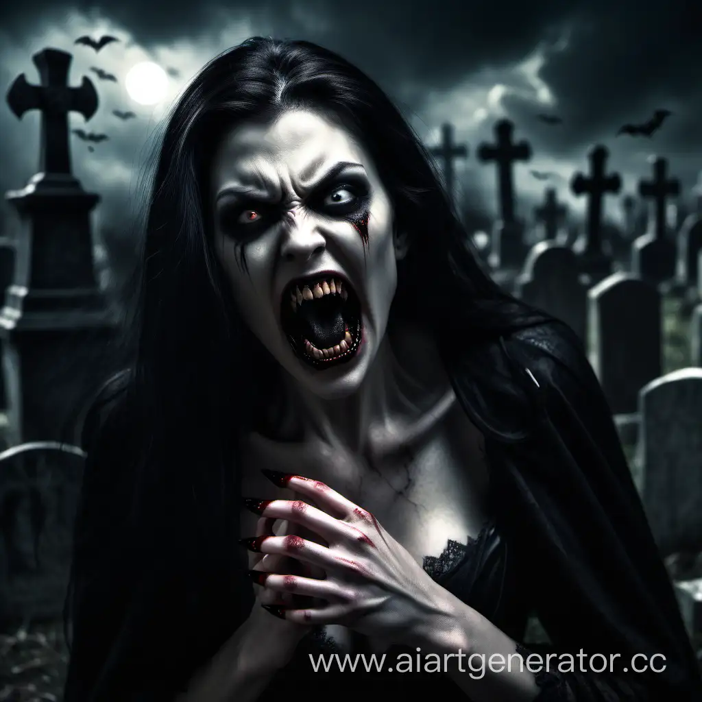 Photorealism of a terrifying vampire woman, bloodlust, sharp black nails, aggressive attack, intense vampire fangs, scary expression,  dark and eerie atmosphere, high quality, photorealistic, terrifying, aggressive, intense fangs, dark ambiance, detailed nails, horror, atmospheric lighting, full body, Cemetery location.