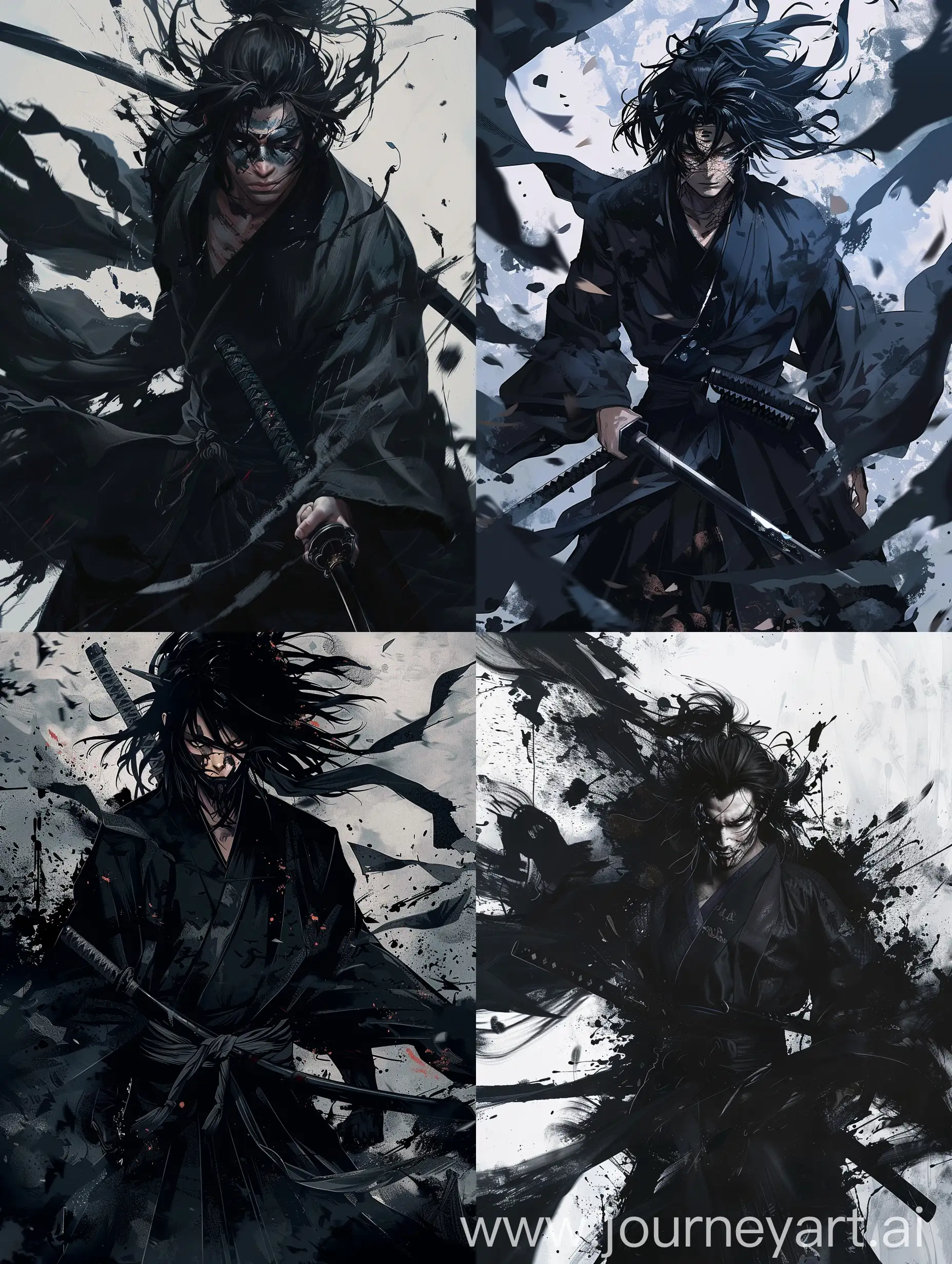 Black haired male, full body, black kimono, black katana, vagabond manga style, surrounded by shadows, anger and sadness, oni mask, shadows leaking from he blade, death stare, oni, vengeance