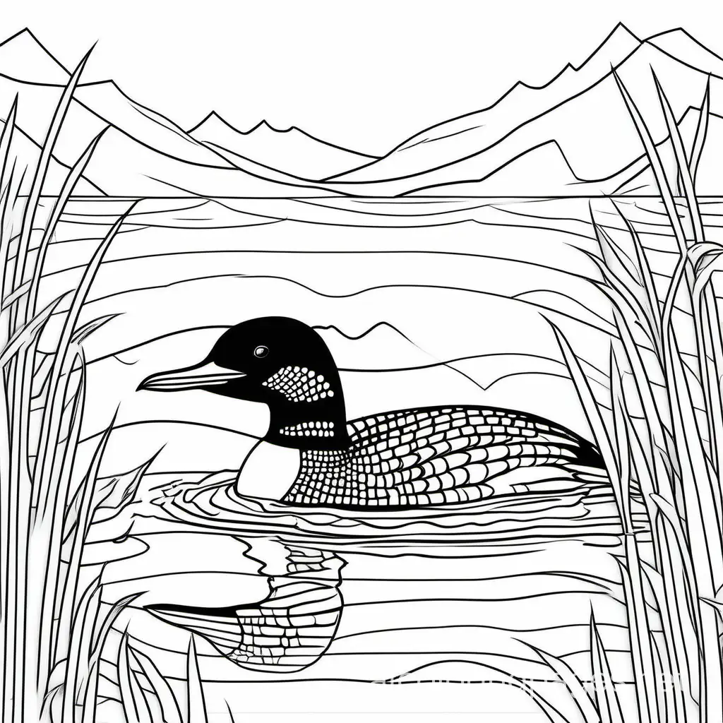 Loon, Coloring Page, black and white, line art, white background, Simplicity, Ample White Space. The background of the coloring page is plain white to make it easy for young children to color within the lines. The outlines of all the subjects are easy to distinguish, making it simple for kids to color without too much difficulty