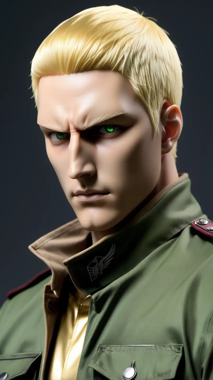 Reiner Braun from "Attack on Titan" as a real person, young muscular male, short blond hair, gold eyes, defined facial structure, large broad shoulders, serious face, wears the wings of freedom jacket over his standard military uniform with a green shirt underneath, photo-realistic, hyper-realistic