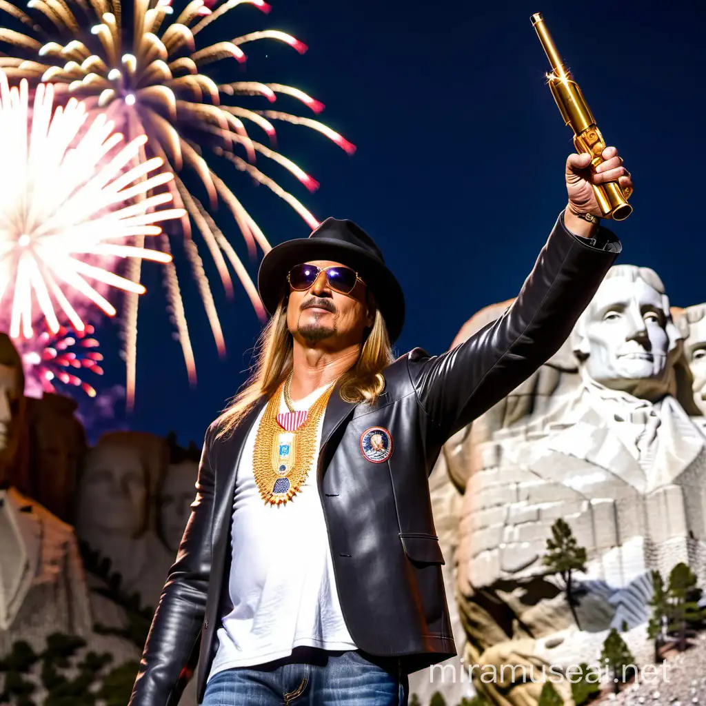 Kid Rock, standing in front of Mount Rushmore, holding a gold rifle, with fireworks and an American flag in the background