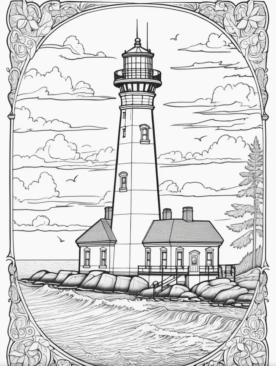 A adult coloring book page of the Alpena lighthouse in michigan