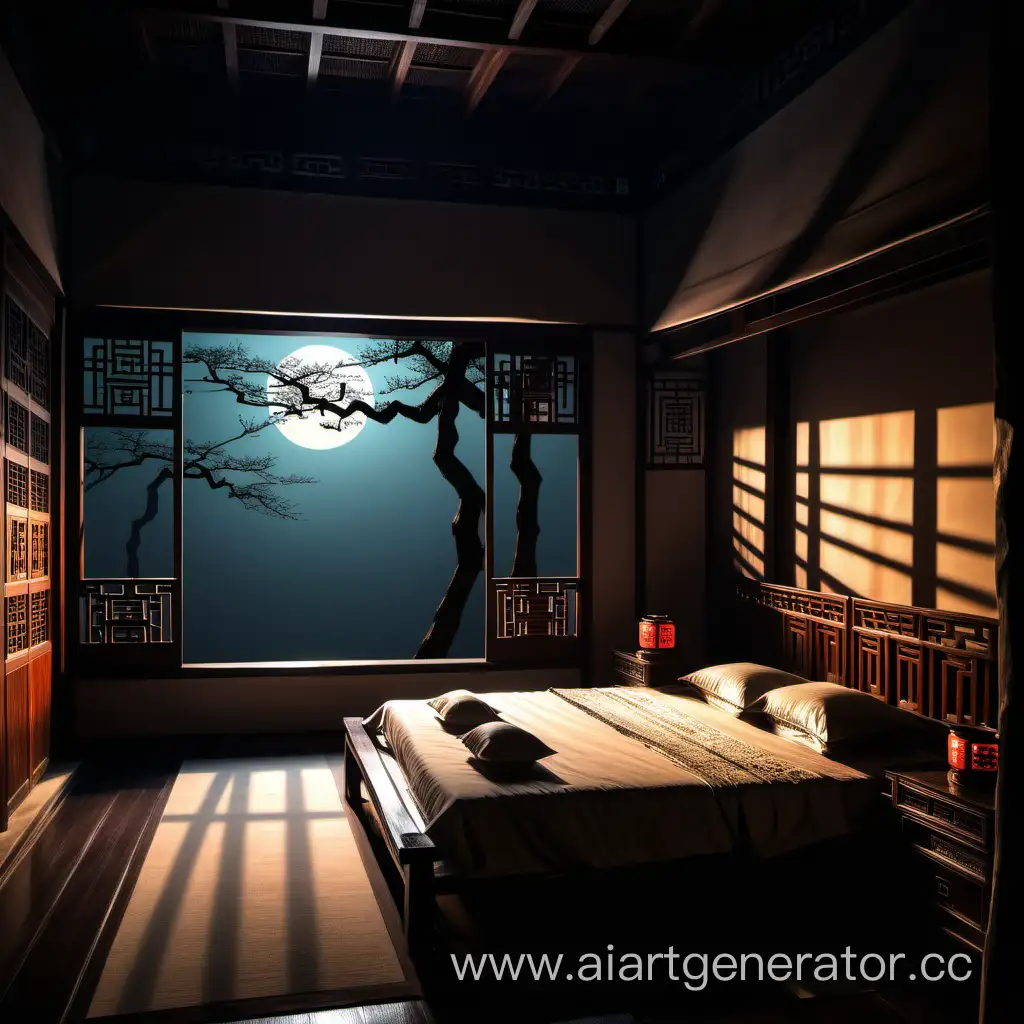 a bedroom in ancient China in the moonlight with shadows from trees on the wall