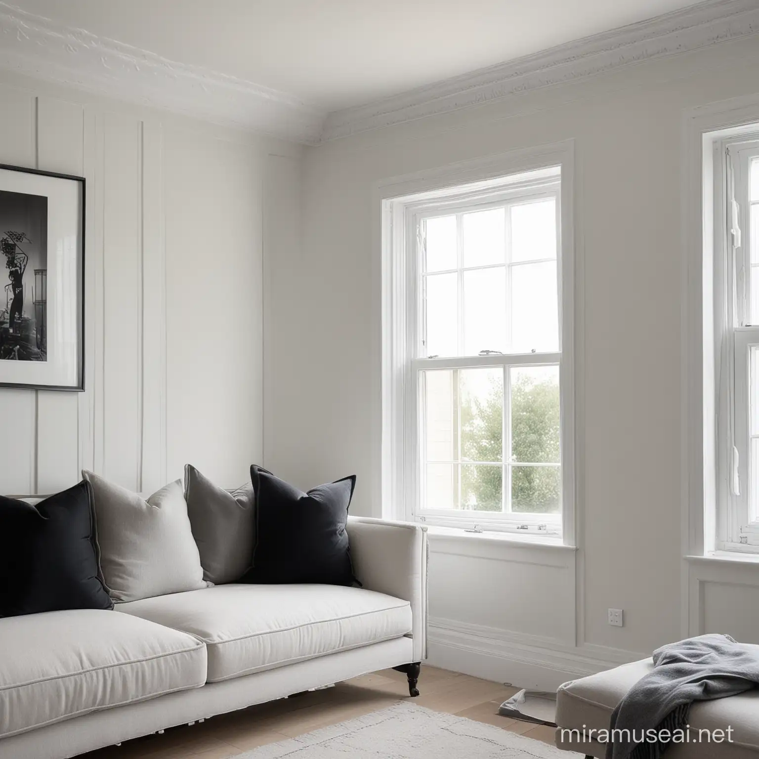 looking into the corner of a living room. large plain white panelled walls. sofa with grey and black pillows. window to left.
