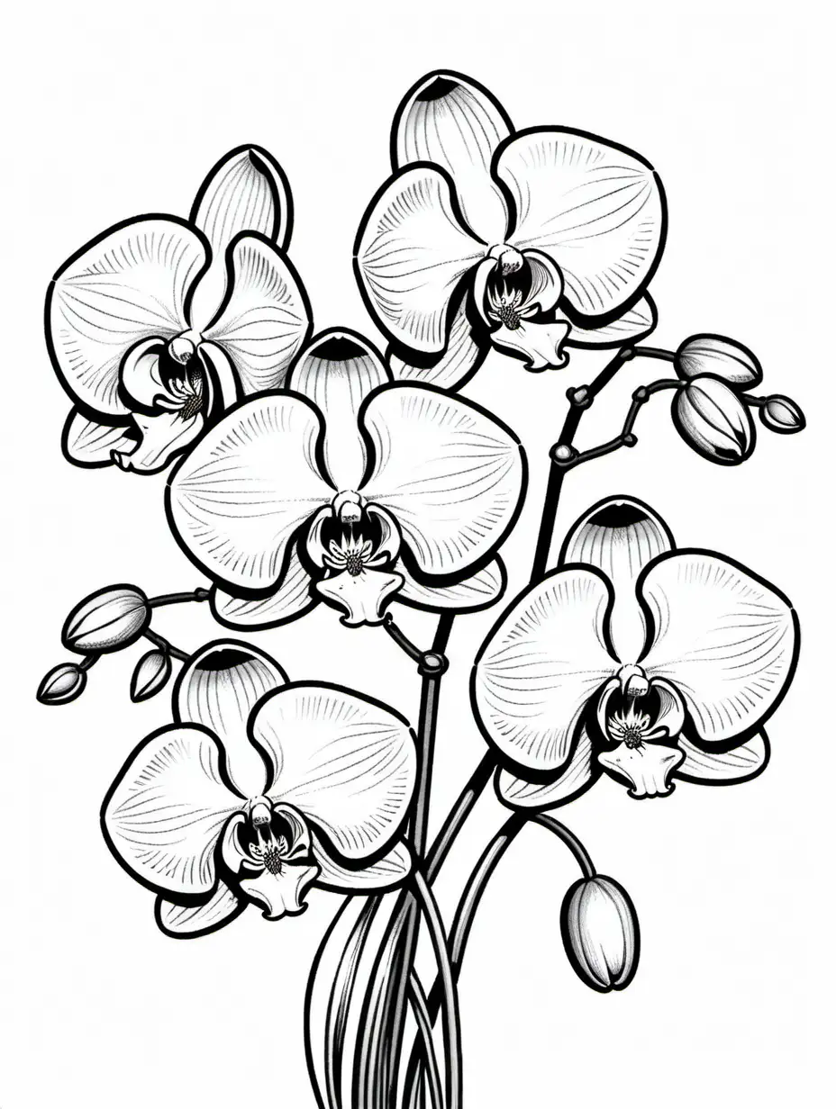 Haz una imagen para colorear de unas orquideas. Que la imagen sea: elaborada y a la vez sencilla, muy fina y delicada, sin sombras, con un fondo blanco, que la imagen tenga muchos detalles para colorear y con líneas finas. Imagen para colorear.