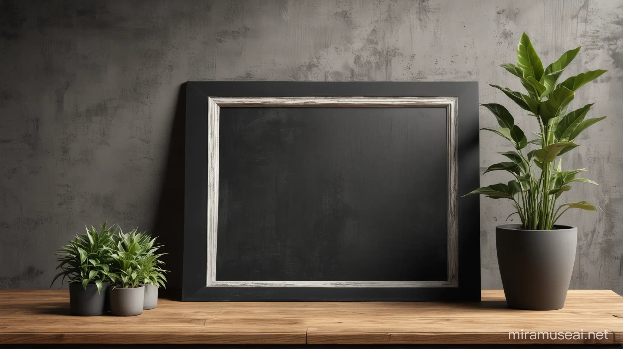 empty photo frame on wooden table, with black concrete cement, some plant exotic beside, sunshine soft light with shadow, hyper realistic ultra high resolution --ratio 16:9