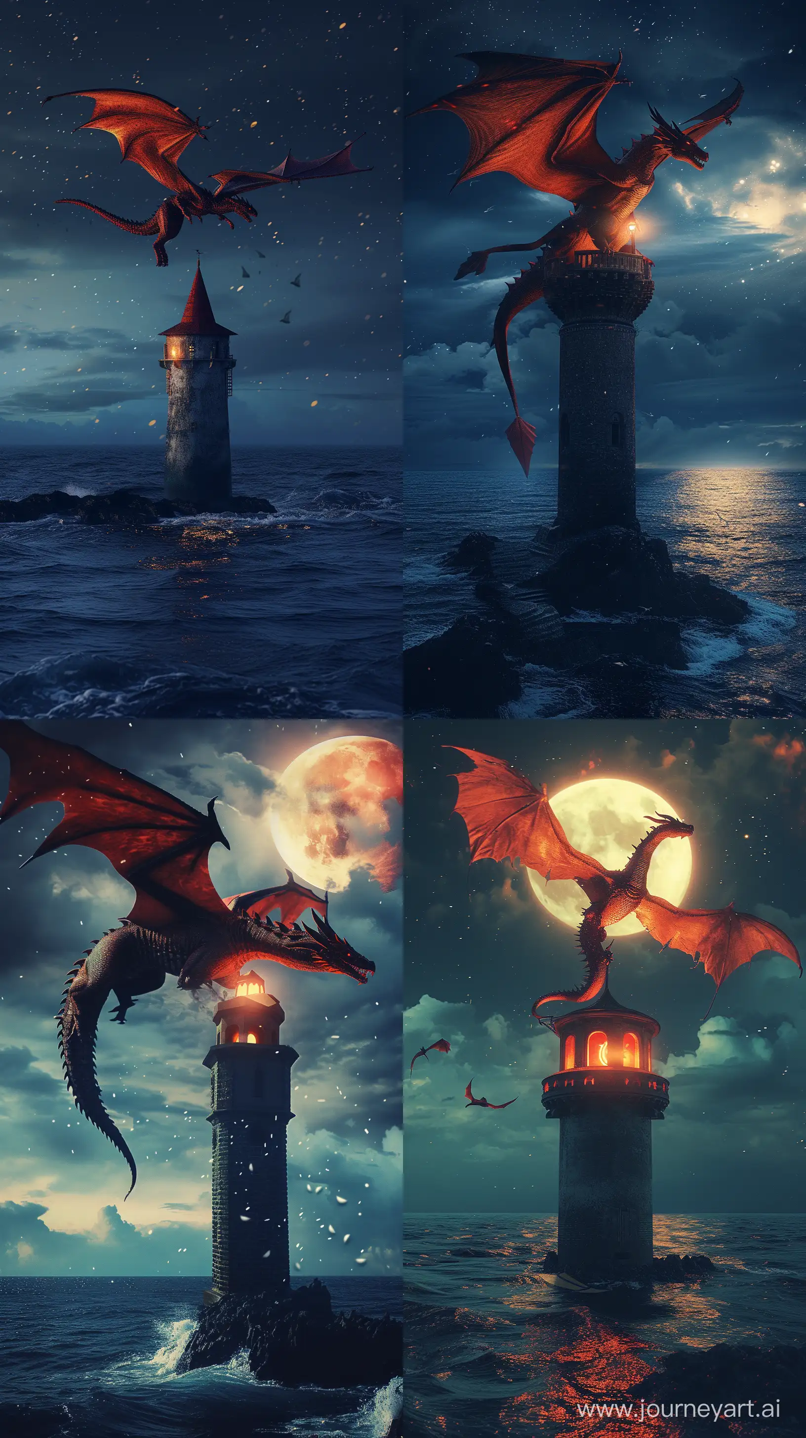 an HD realistic photography of a flying, mighty, mythological red dragon flying around a tower in the middle of the sea, at night --ar 9:16