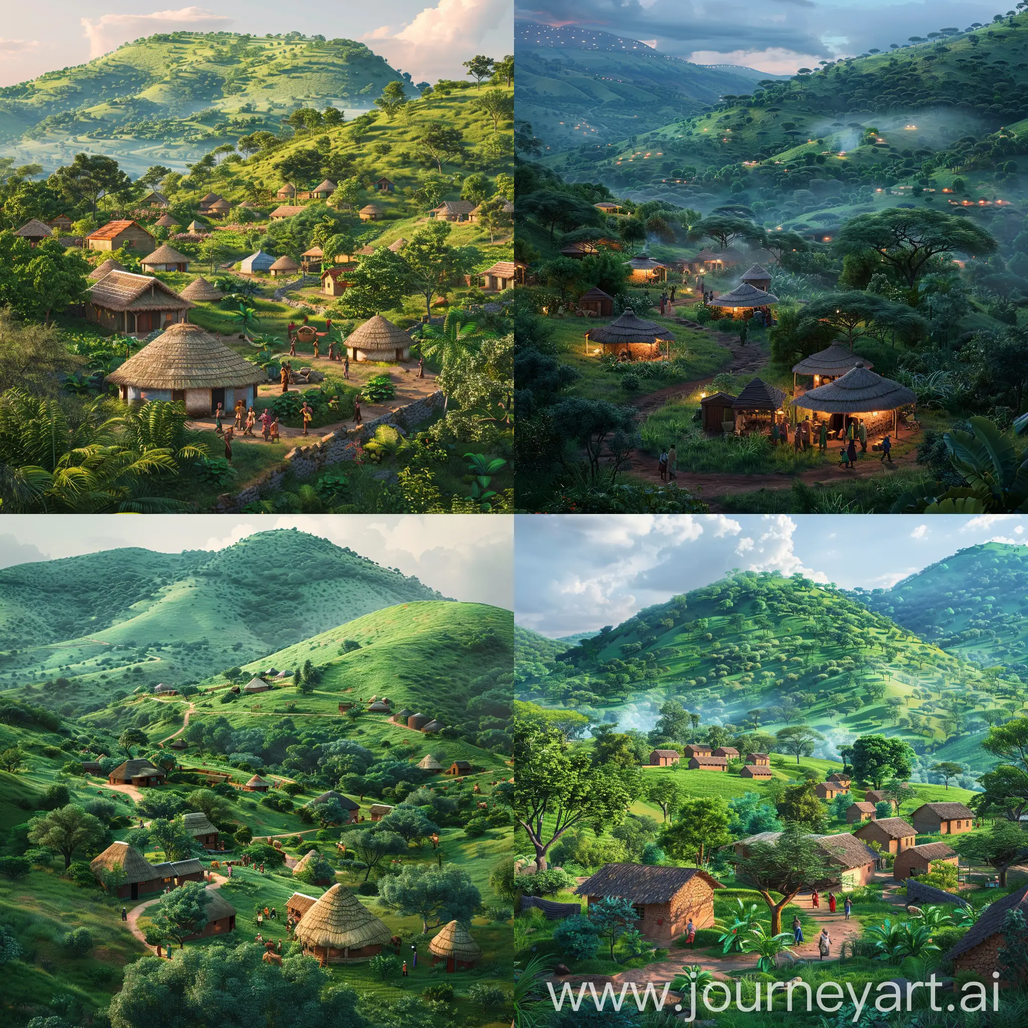 Big People's? A peaceful African village nestled among lush green hills, with smiling villagers going about their daily routines. Colorful, hyper realistic, soft lighting.