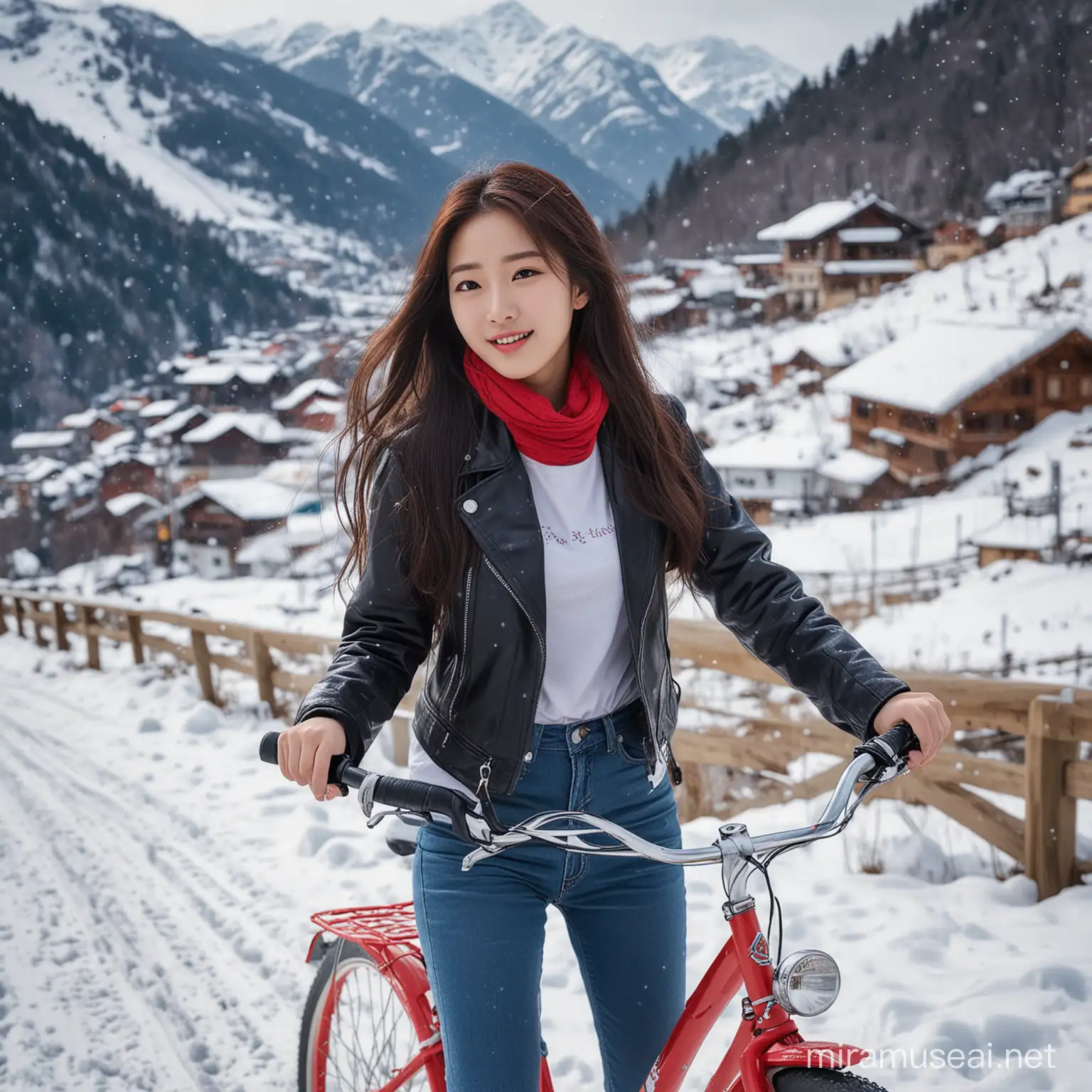 Korean Girl Cycling in Snowy Alps Vibrant Realistic Portrait