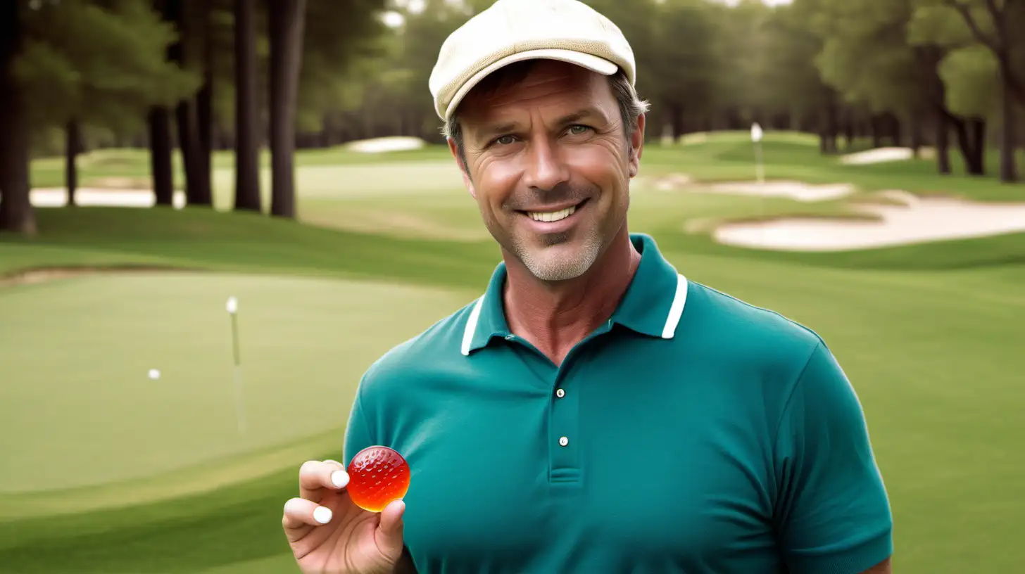 Handsome 40 year old American man on golf course. He offers a single jelly candy.