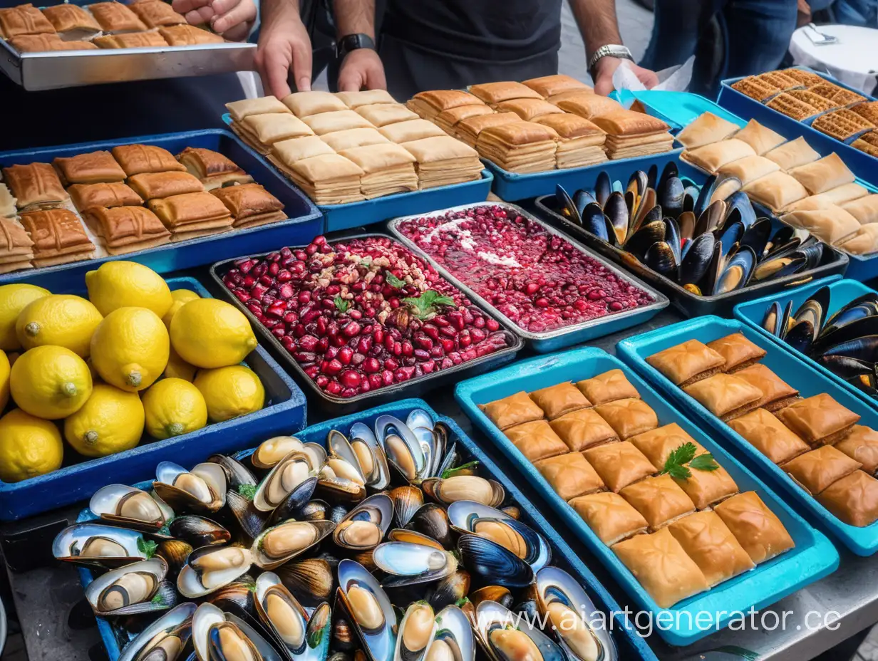 Уличная еда в  Стамбуле. мидии, пахлава, гранаты, лимоны