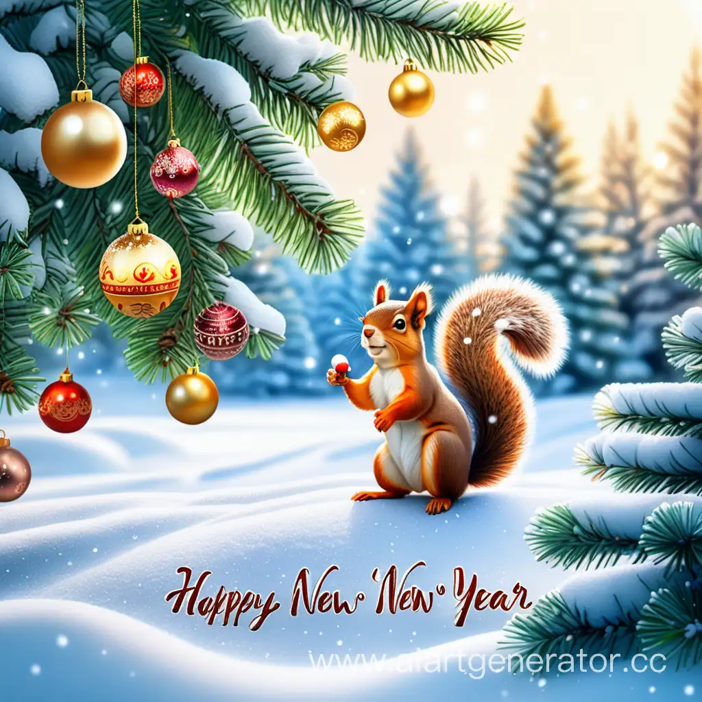 Enchanting-New-Years-Scene-Snowy-Forest-with-Festive-Tree-and-Squirrel