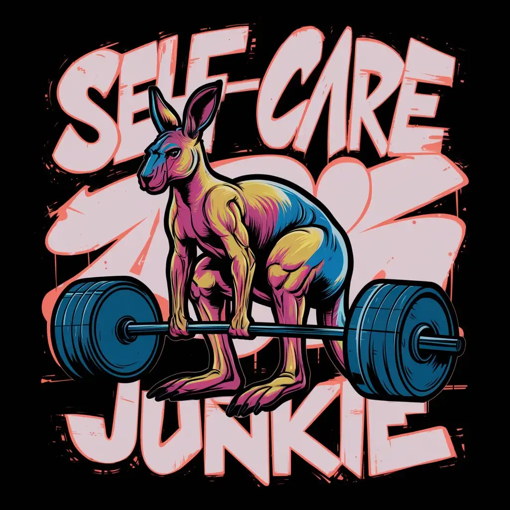 Vectorised Graphic T-Shirt Design. 

A vibrant colourful portrait of a muscular kangaroo doing a dead-lift. Text stating "Self-Care Junkie".

Style: Graffiti, bold outlines.
Mood: Street Art.
Black Background.

