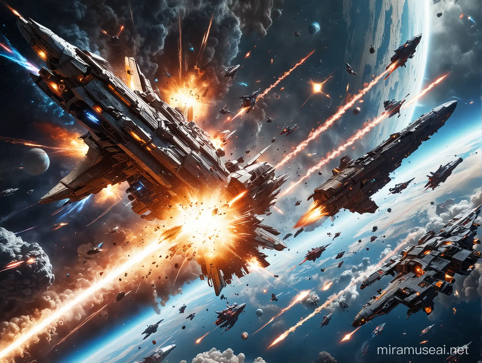 Intergalactic Space Battle Starships Engage in Epic Duel Amidst Exploding Ship and Distant Planet