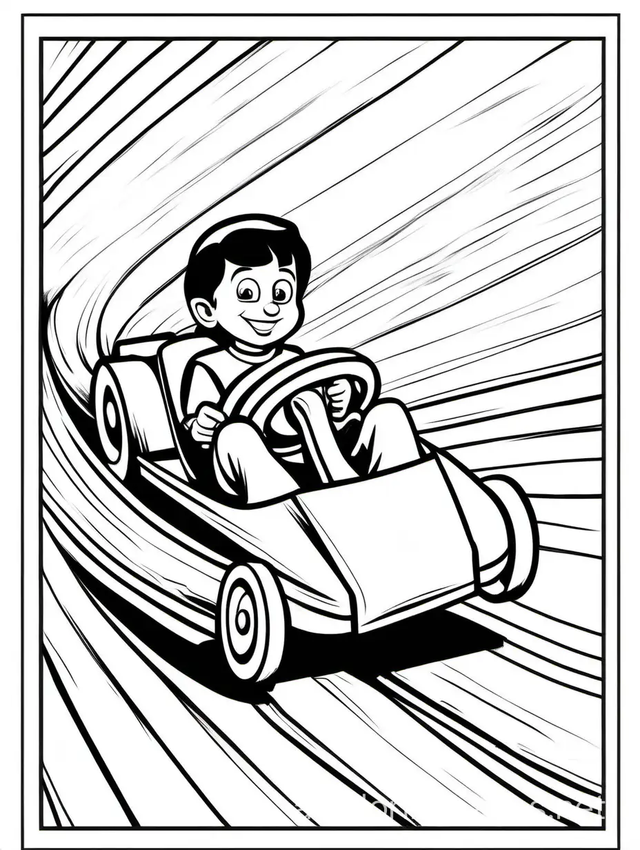 a wood soap box derby car going downhill with a 8 yr old boy riding in it, Coloring Page, black and white, line art, white background, Simplicity, Ample White Space. The background of the coloring page is plain white to make it easy for young children to color within the lines. The outlines of all the subjects are easy to distinguish, making it simple for kids to color without too much difficulty
