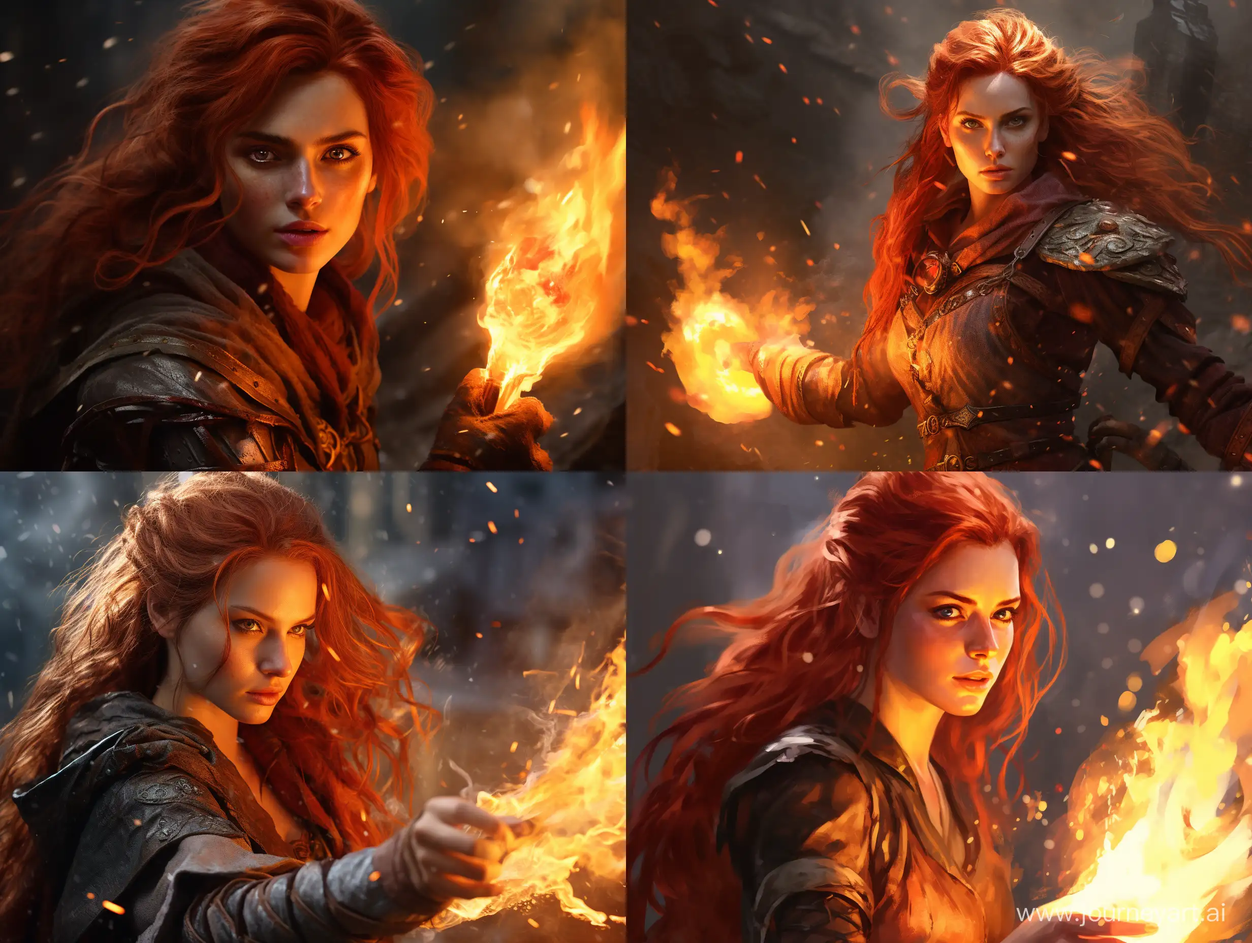 A dnd female redhead sorcerer casting fire bolt 